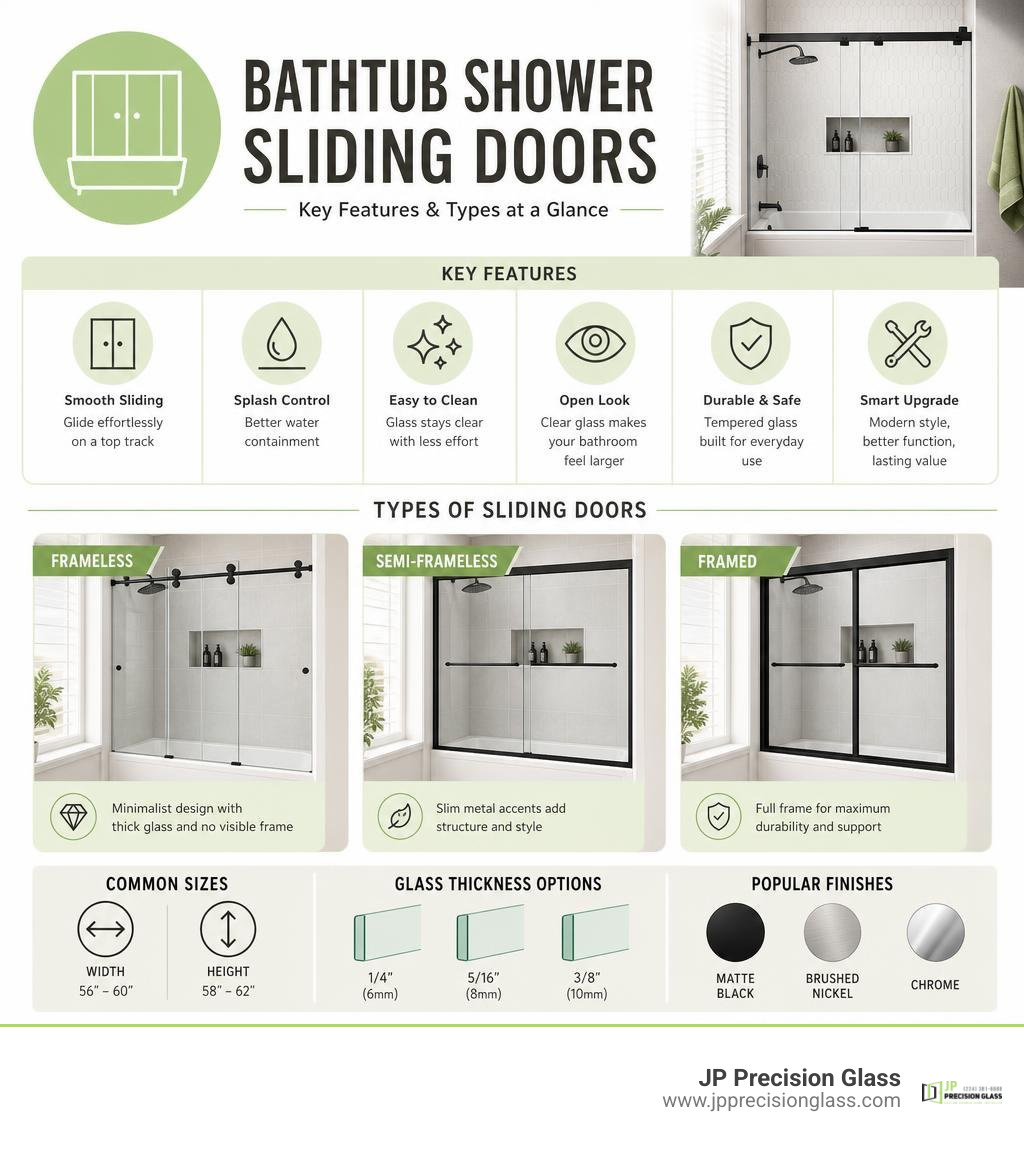 Key features and types of bathtub shower sliding doors compared in one visual overview infographic Key features and types of bathtub shower sliding doors compared in one visual overview infographic
