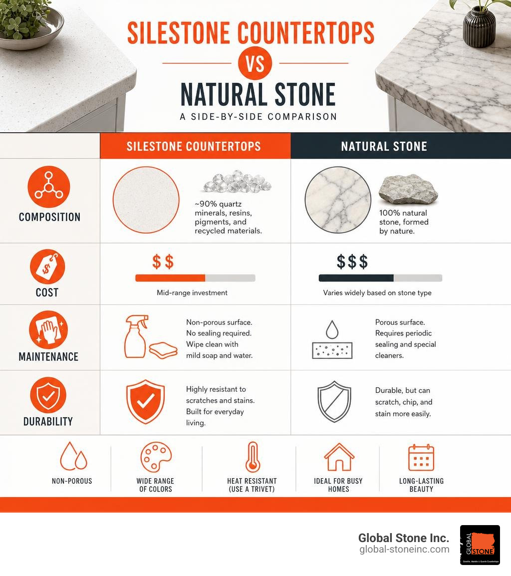 Silestone countertops vs natural stone comparison infographic: composition, cost, maintenance, durability infographic