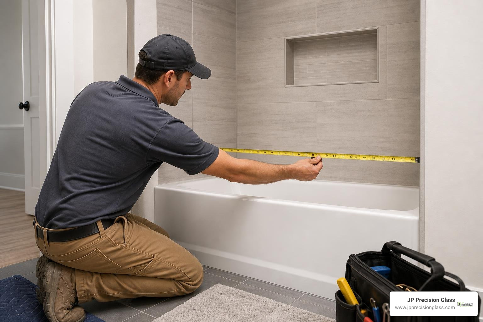 A professional installer measuring the width of a bathtub opening with a tape measure A professional installer measuring the width of a bathtub opening with a tape measure