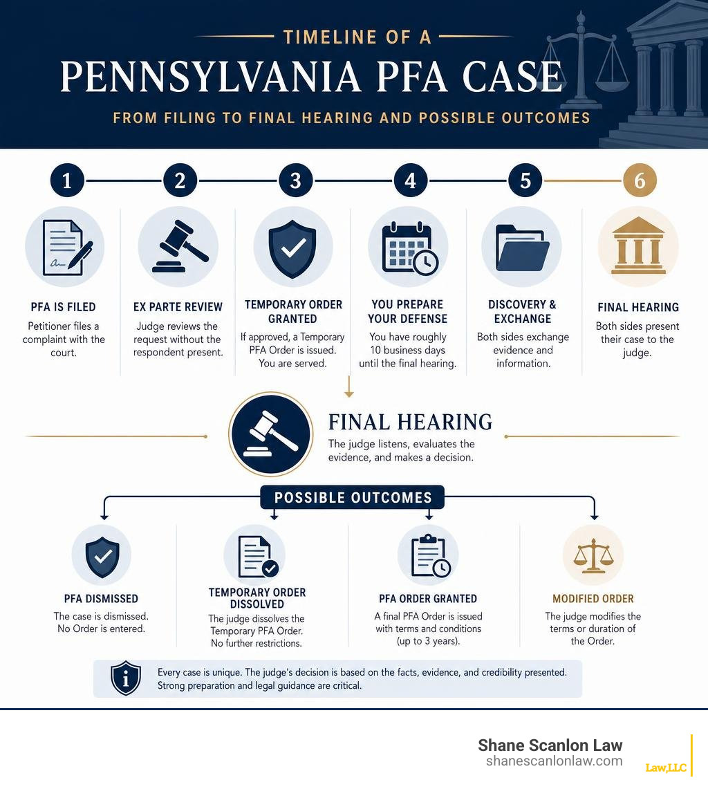 Timeline of a Pennsylvania PFA case from filing to final hearing and possible outcomes infographic Timeline of a Pennsylvania PFA case from filing to final hearing and possible outcomes infographic