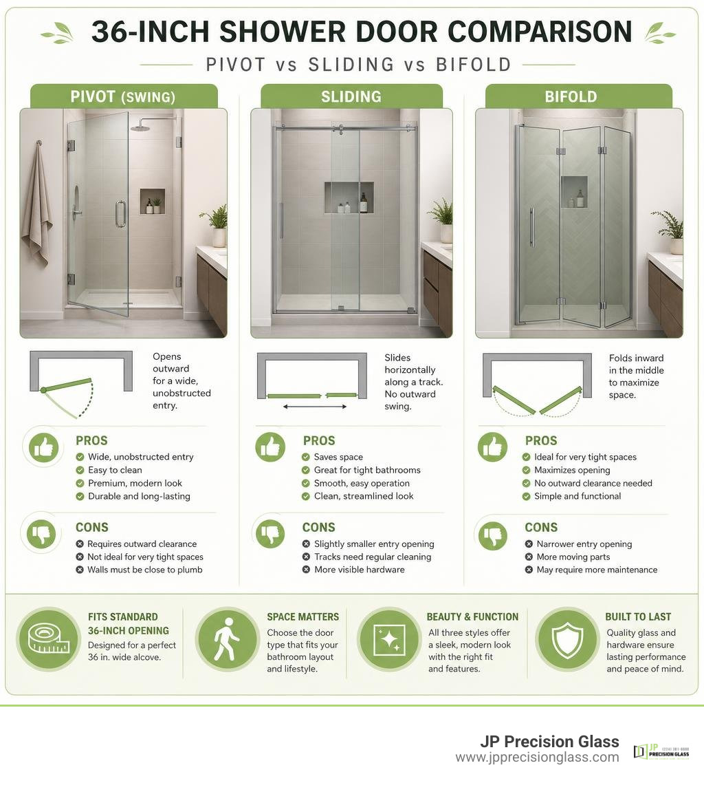 Comparison infographic of pivot, sliding, and bifold 36-inch shower door types with pros and cons infographic