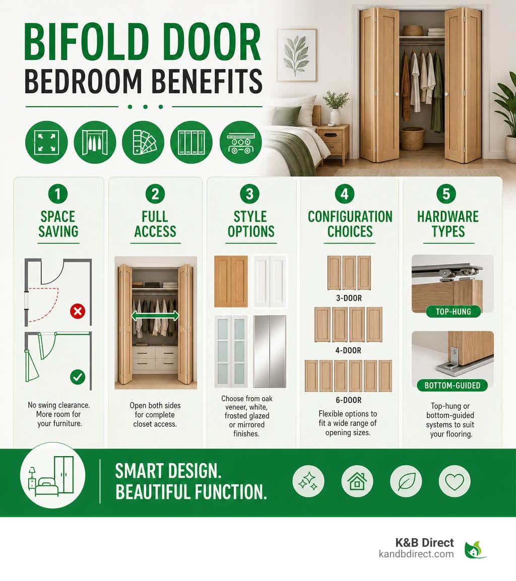 Bifold door bedroom benefits infographic: space saving, full access, style options, configurations, hardware types