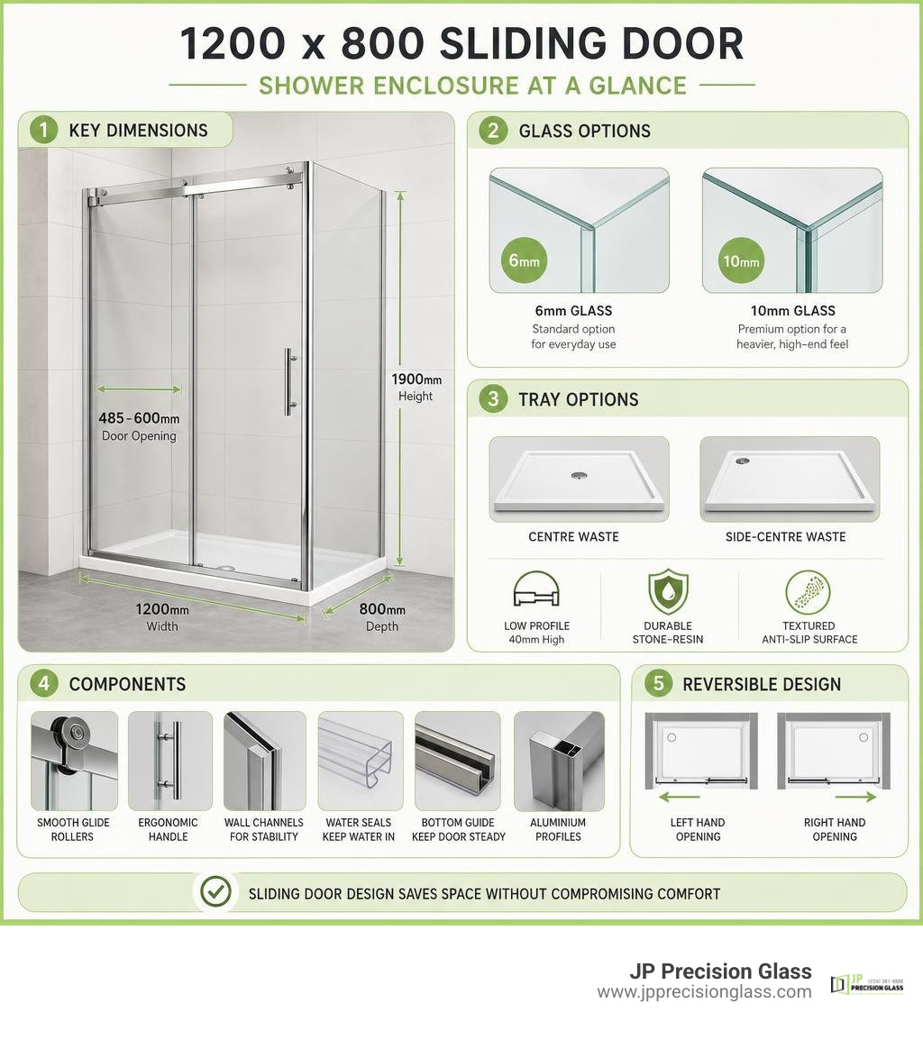 Infographic showing key dimensions, glass options, and components of a 1200 x 800 sliding door shower enclosure infographic Infographic showing key dimensions, glass options, and components of a 1200 x 800 sliding door shower enclosure infographic