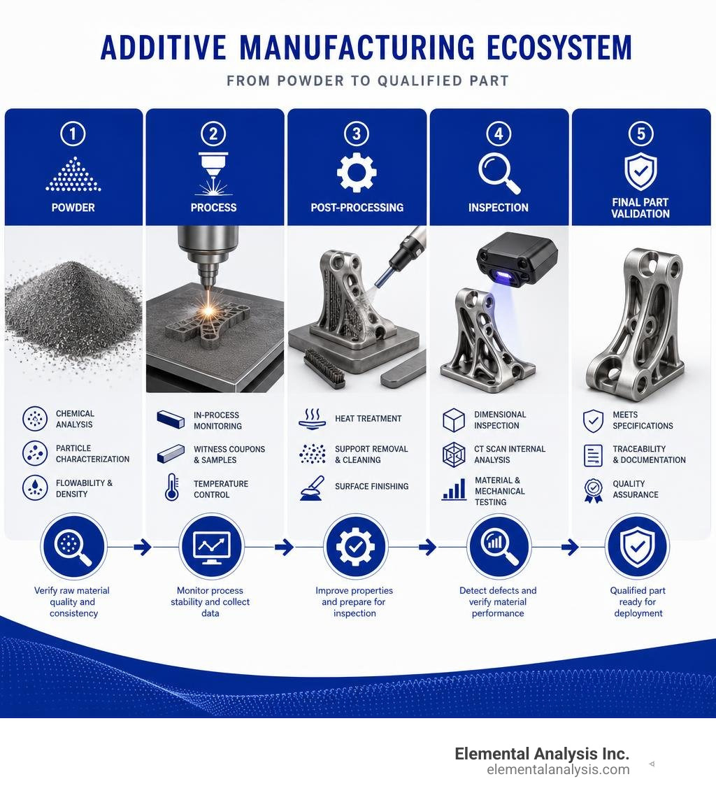 Additive manufacturing ecosystem showing powder, process, post-processing, inspection, and final part validation infographic Additive manufacturing ecosystem showing powder, process, post-processing, inspection, and final part validation infographic