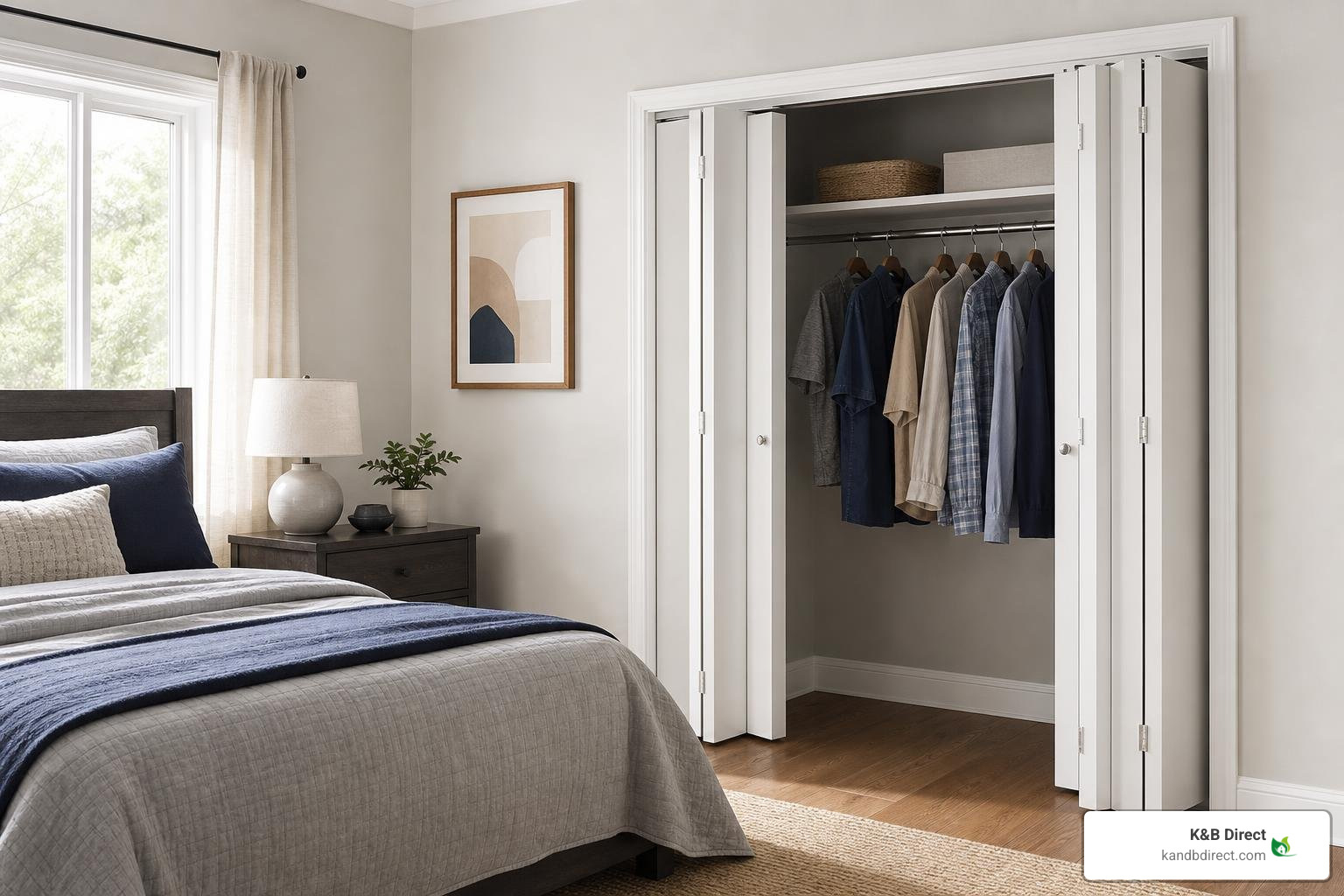 Bifold doors folding compactly to maximize bedroom floor clearance