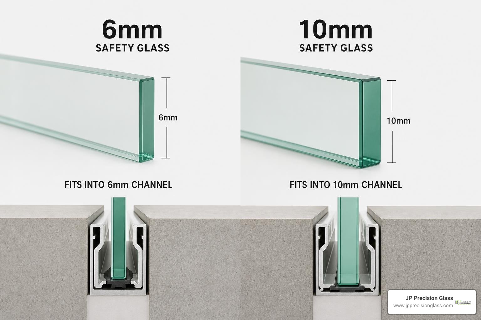 Comparison diagram showing the thickness of 6mm vs 10mm safety glass and how they fit into wall channels Comparison diagram showing the thickness of 6mm vs 10mm safety glass and how they fit into wall channels