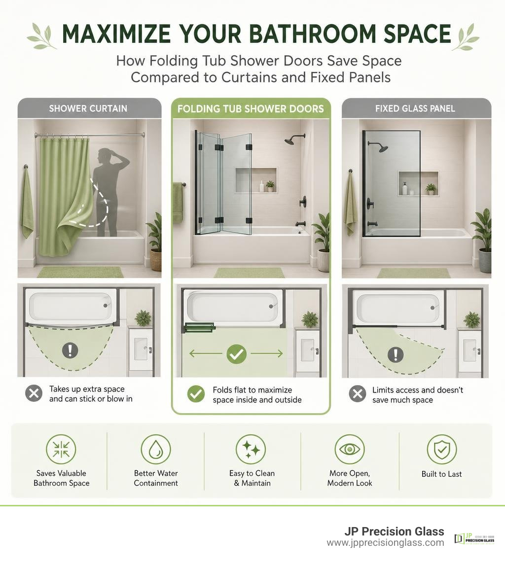 How folding tub shower doors maximize bathroom space compared to curtains and fixed panels infographic How folding tub shower doors maximize bathroom space compared to curtains and fixed panels infographic
