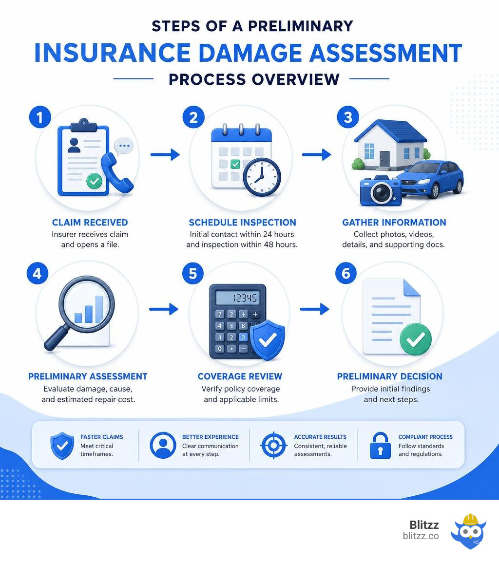 Steps of a preliminary insurance damage assessment process overview infographic