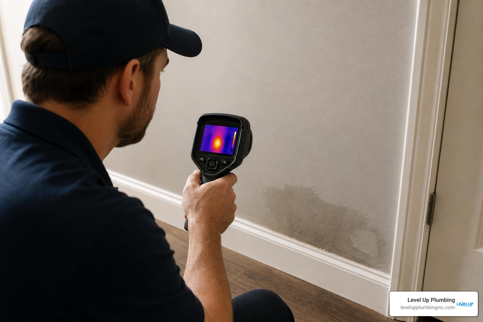 Thermal imaging camera detecting hidden moisture behind a drywall Thermal imaging camera detecting hidden moisture behind a drywall