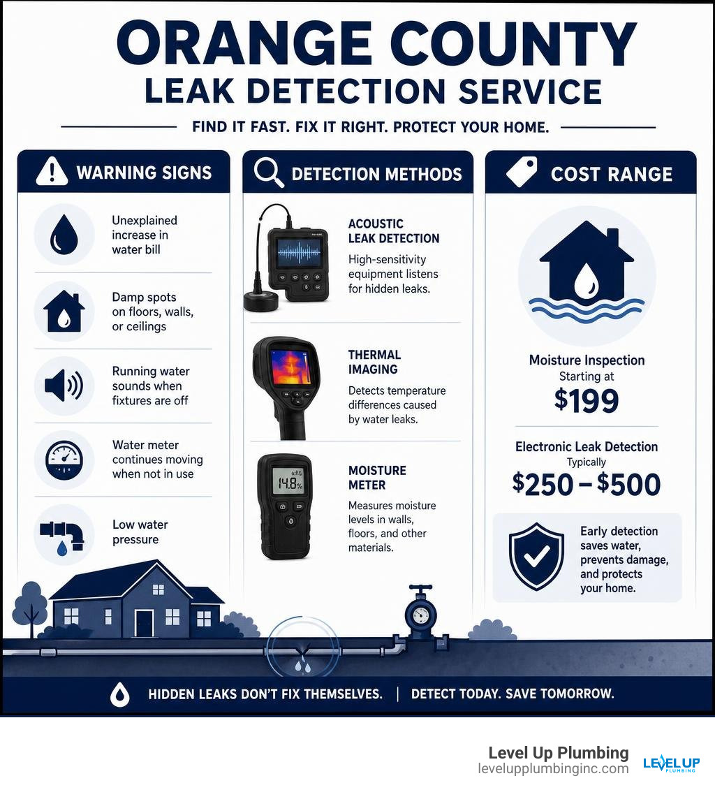 Infographic showing warning signs, detection methods, and cost range for Orange County leak detection service infographic Infographic showing warning signs, detection methods, and cost range for Orange County leak detection service infographic