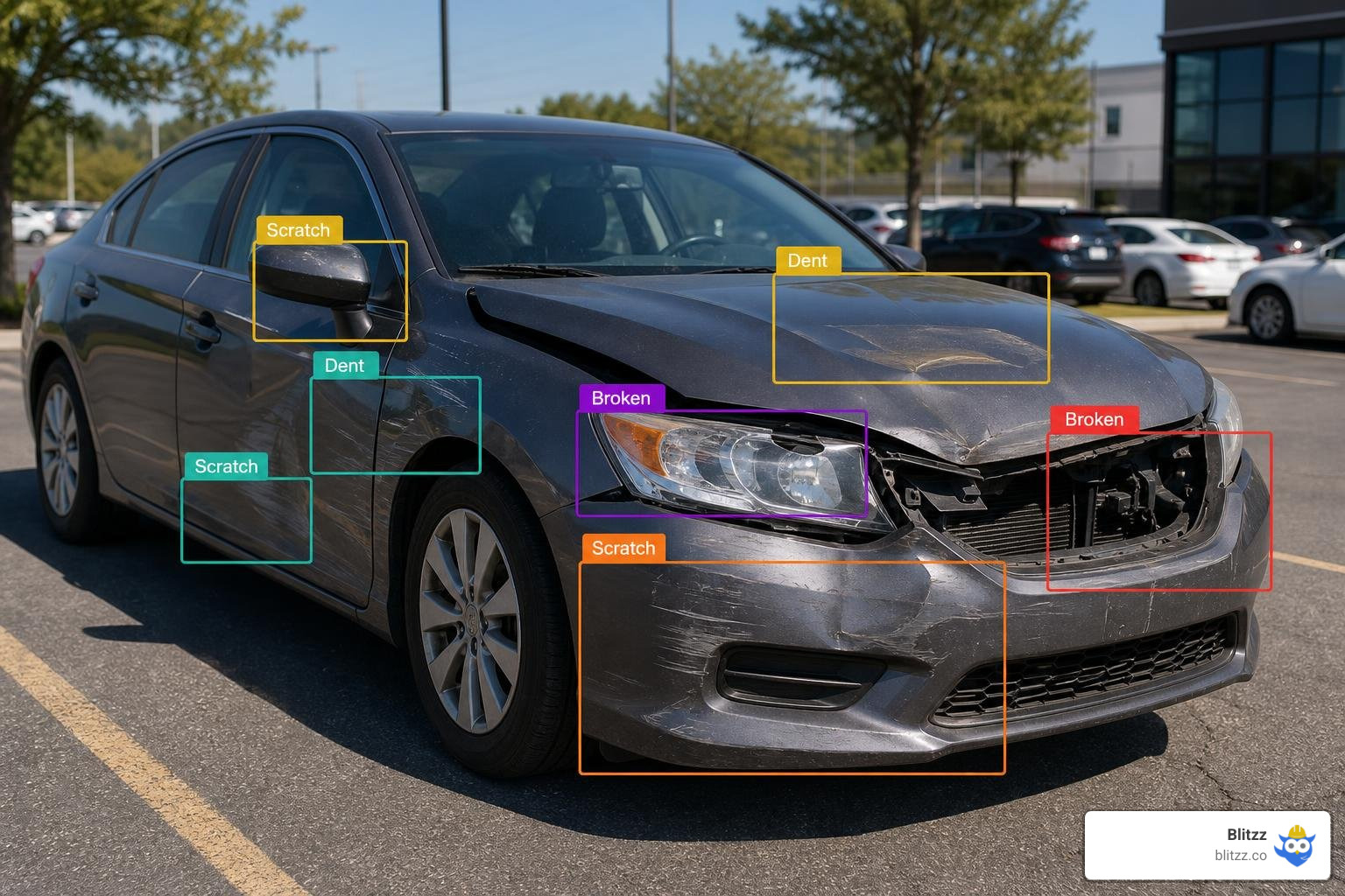 AI bounding boxes on a damaged vehicle