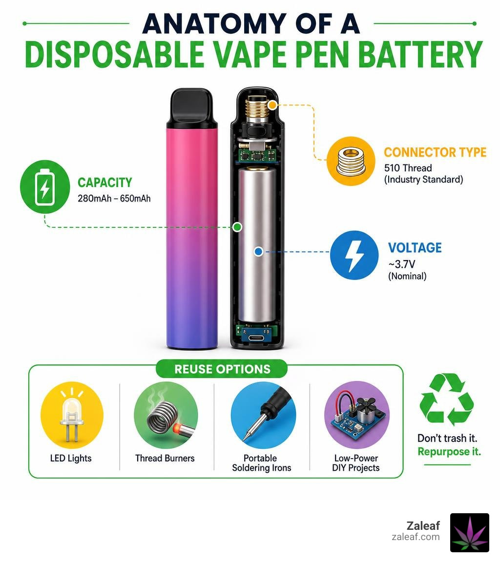 Anatomy of a disposable vape pen battery - capacity, voltage, connector type, and reuse options infographic Anatomy of a disposable vape pen battery - capacity, voltage, connector type, and reuse options infographic