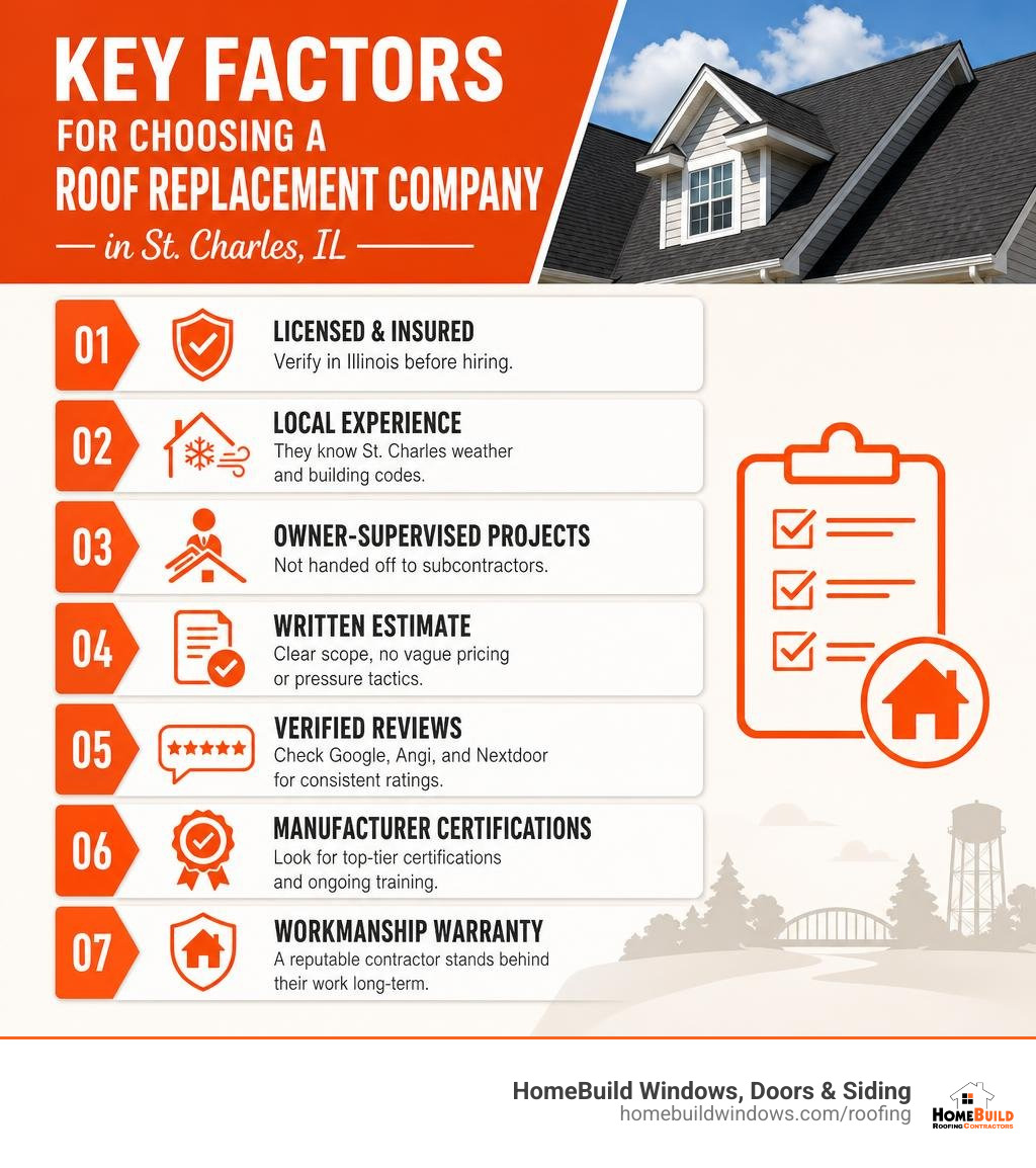 Key factors for choosing a roof replacement company in St. Charles IL infographic infographic