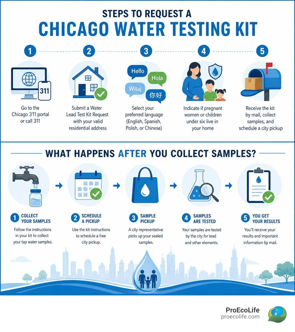 Steps to request a Chicago water testing kit and what happens after you collect samples infographic Steps to request a Chicago water testing kit and what happens after you collect samples infographic