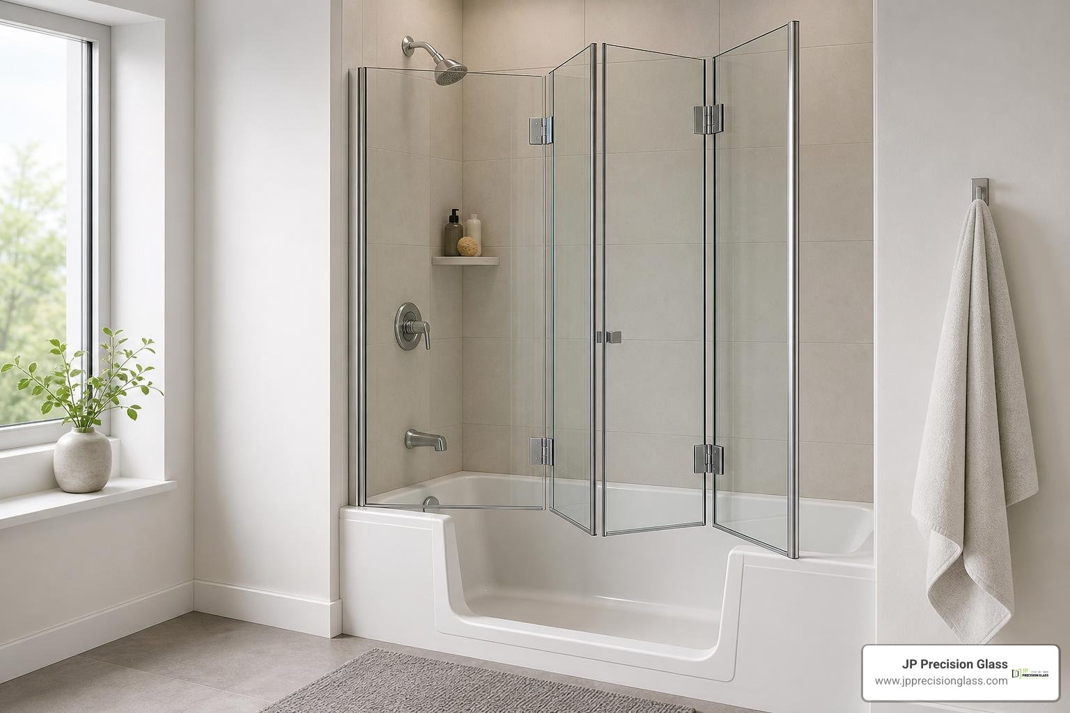 A barrier-free folding glass screen on a low-threshold bathtub A barrier-free folding glass screen on a low-threshold bathtub