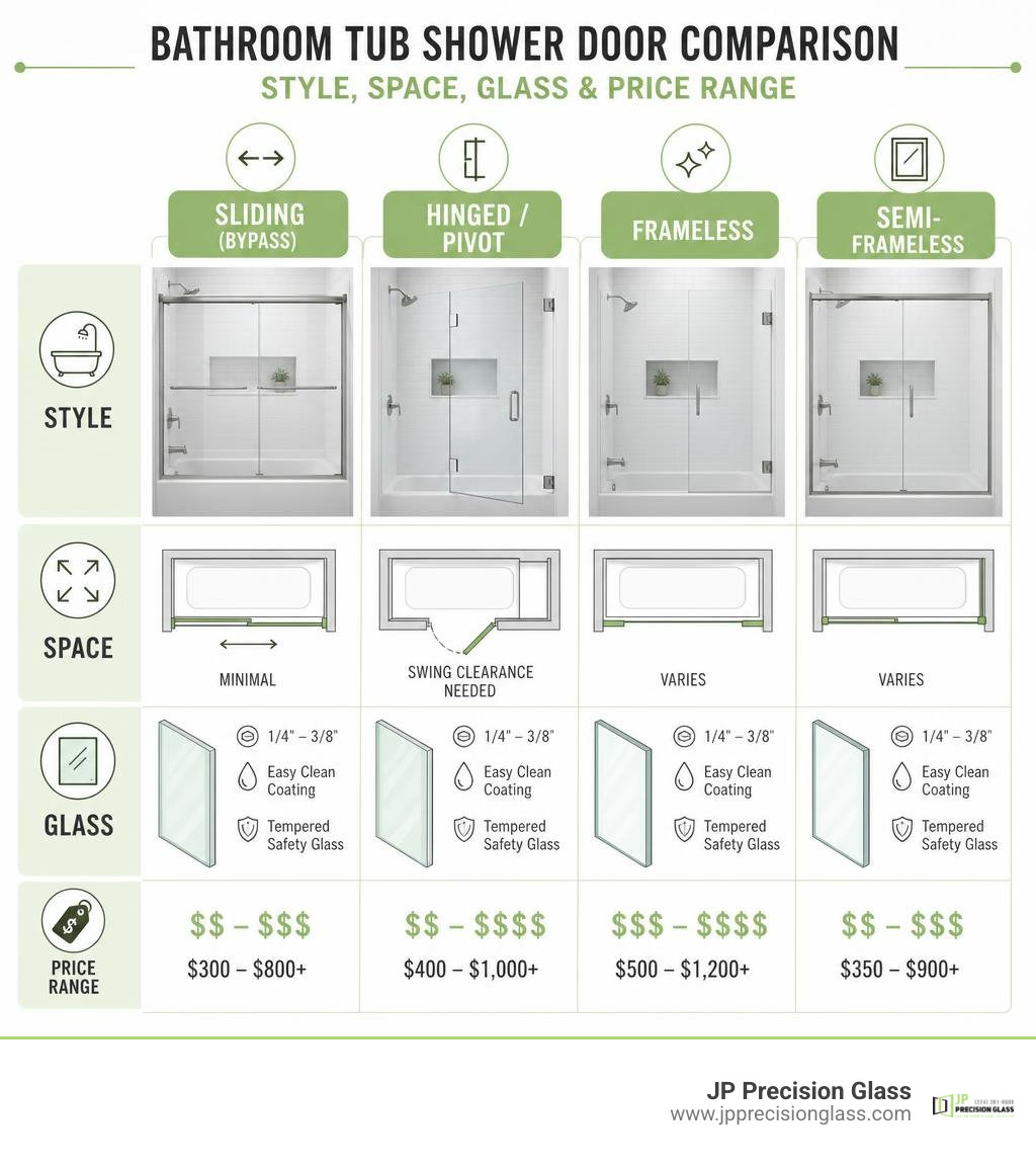 Infographic comparing bathroom tub shower door types by style, space, glass, and price range infographic Infographic comparing bathroom tub shower door types by style, space, glass, and price range infographic