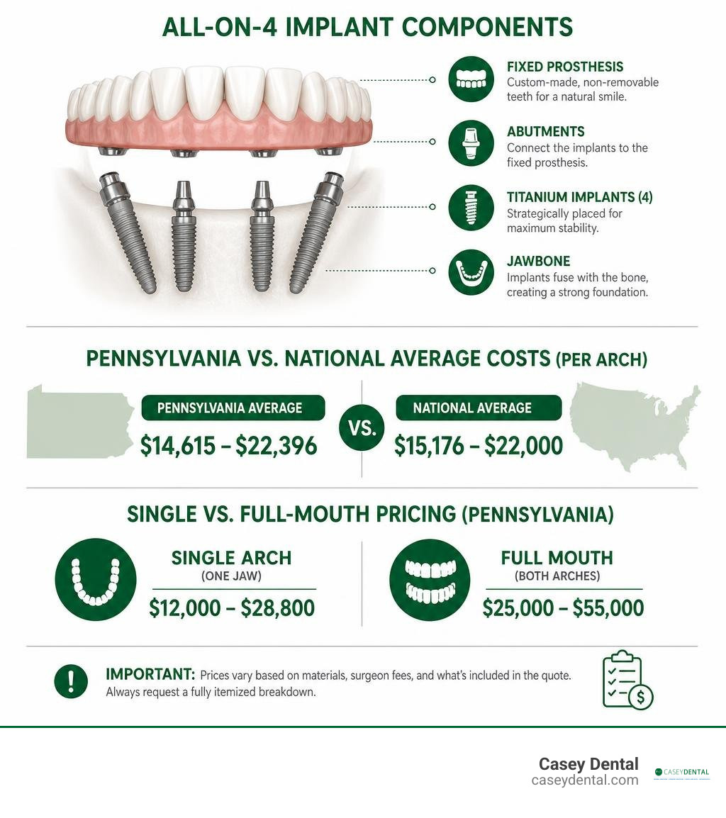 Infographic showing All-on-4 implant components, Pennsylvania vs national average costs, and single vs full-mouth pricing Infographic showing All-on-4 implant components, Pennsylvania vs national average costs, and single vs full-mouth pricing