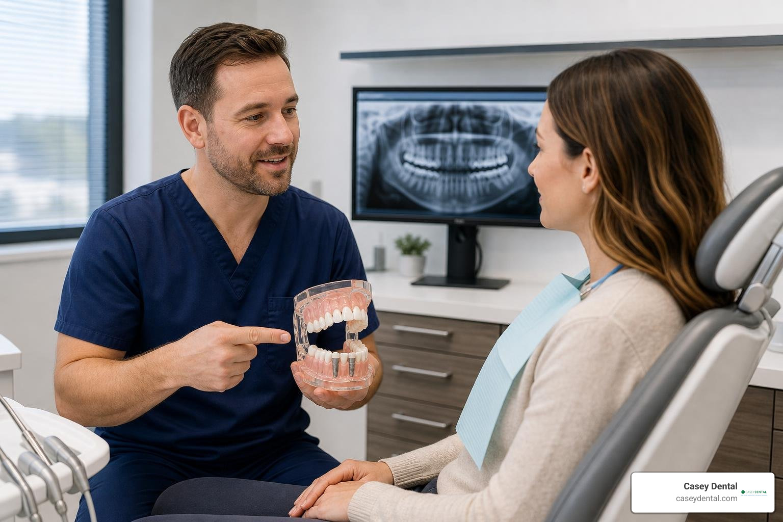 Dentist explaining a 3D jaw model to a patient showing All-on-4 implants Dentist explaining a 3D jaw model to a patient showing All-on-4 implants