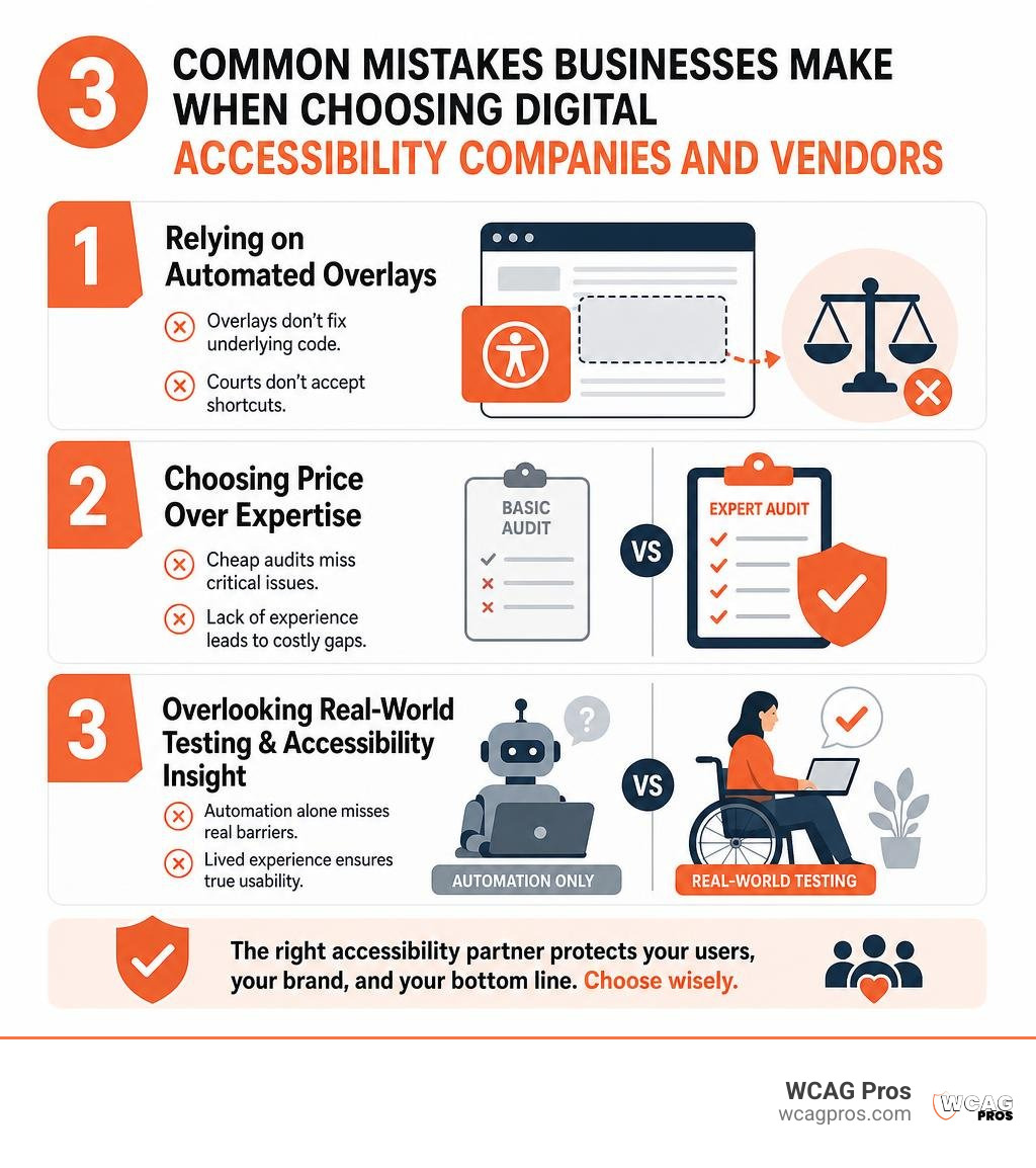 Common mistakes businesses make when choosing digital accessibility companies and vendors infographic Common mistakes businesses make when choosing digital accessibility companies and vendors infographic