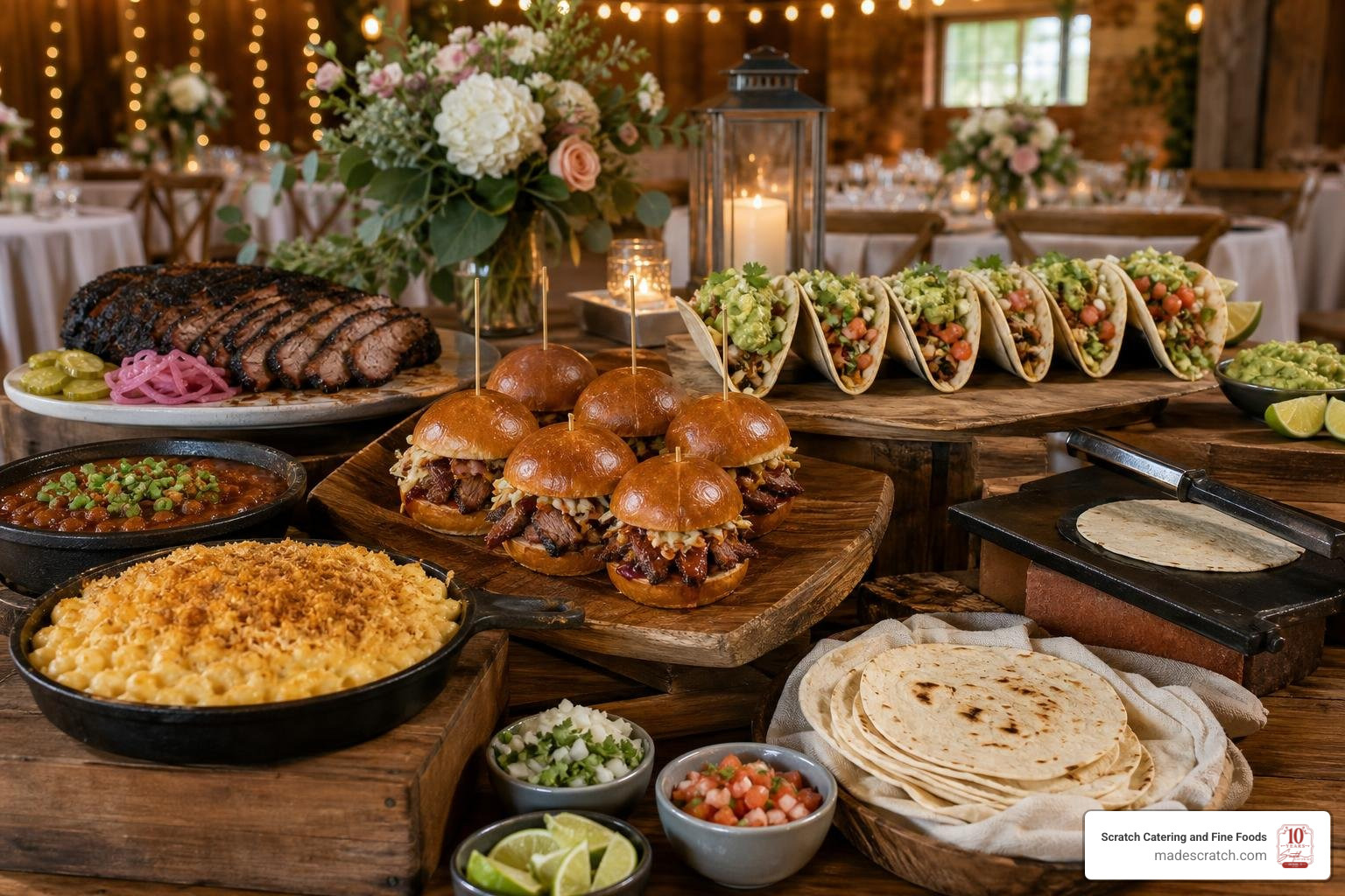Vibrant display of Southern comfort food and Tex-Mex fusion dishes served at a Dallas wedding Vibrant display of Southern comfort food and Tex-Mex fusion dishes served at a Dallas wedding