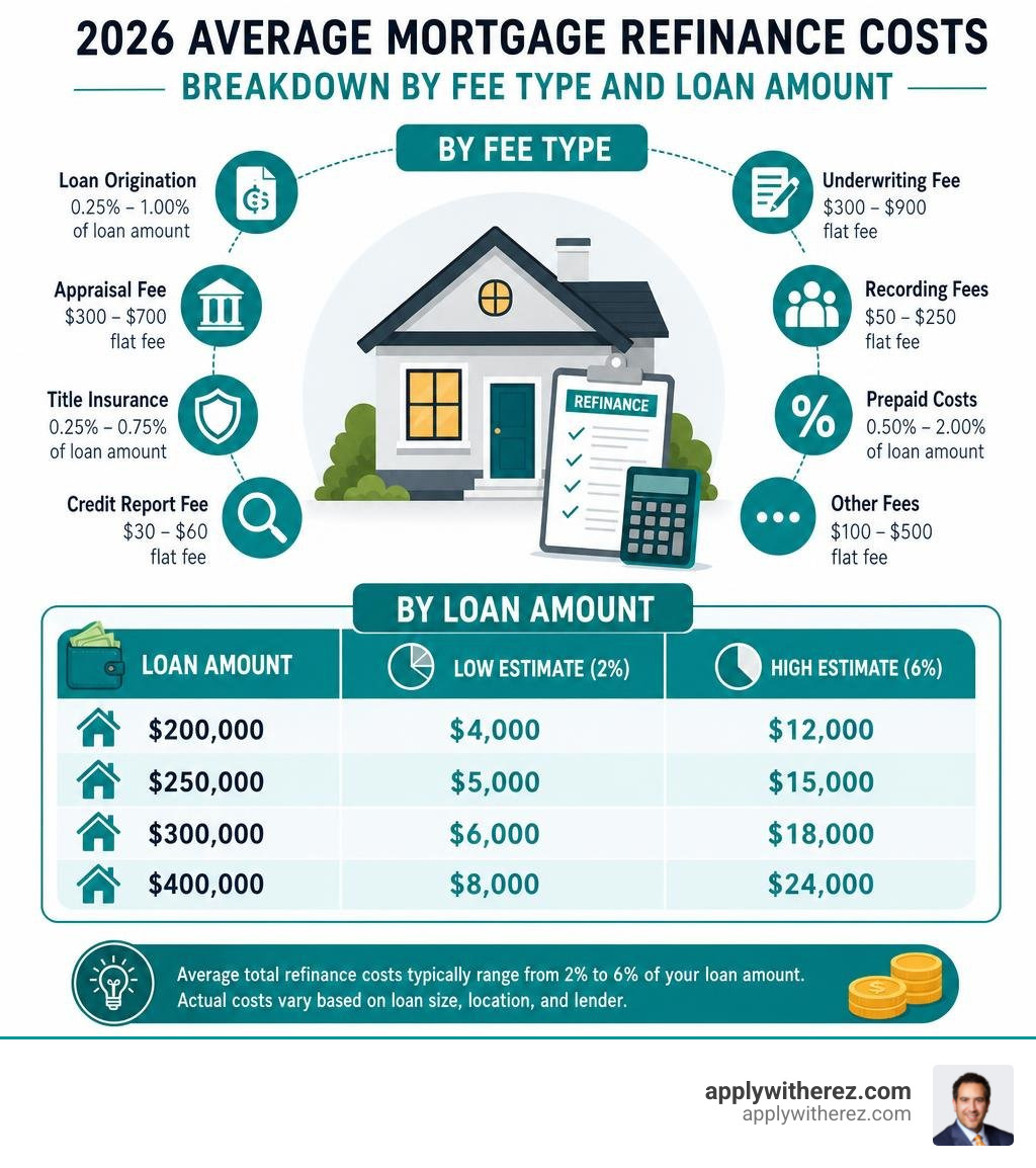 2026 average mortgage refinance costs breakdown by fee type and loan amount infographic