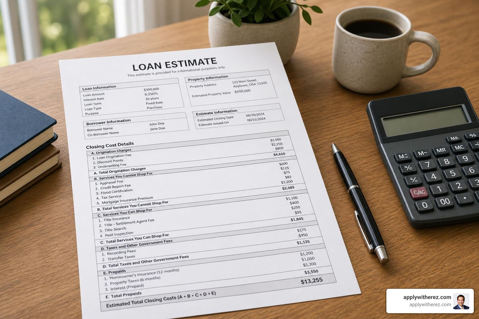 mortgage loan estimate document showing closing fee breakdown
