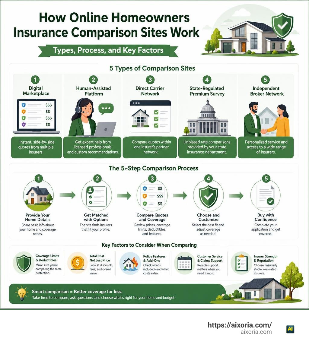How online homeowners insurance comparison sites work — types, process, and key factors infographic