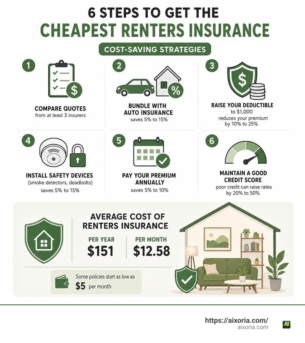 steps to get cheapest renters insurance showing 6 cost-saving strategies and average monthly rates infographic