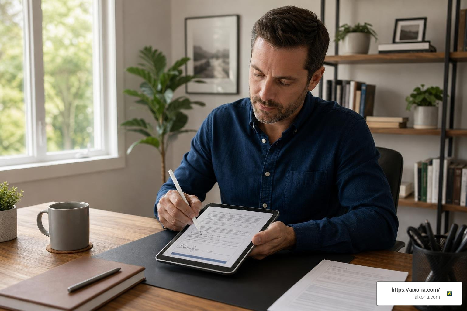 A policyholder signing insurance documents digitally on a tablet screen