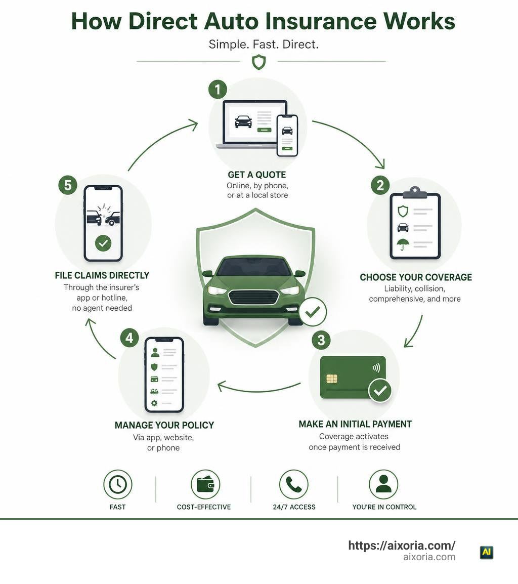 Direct auto insurance model: quote, payment, self-service policy management, and claims process infographic