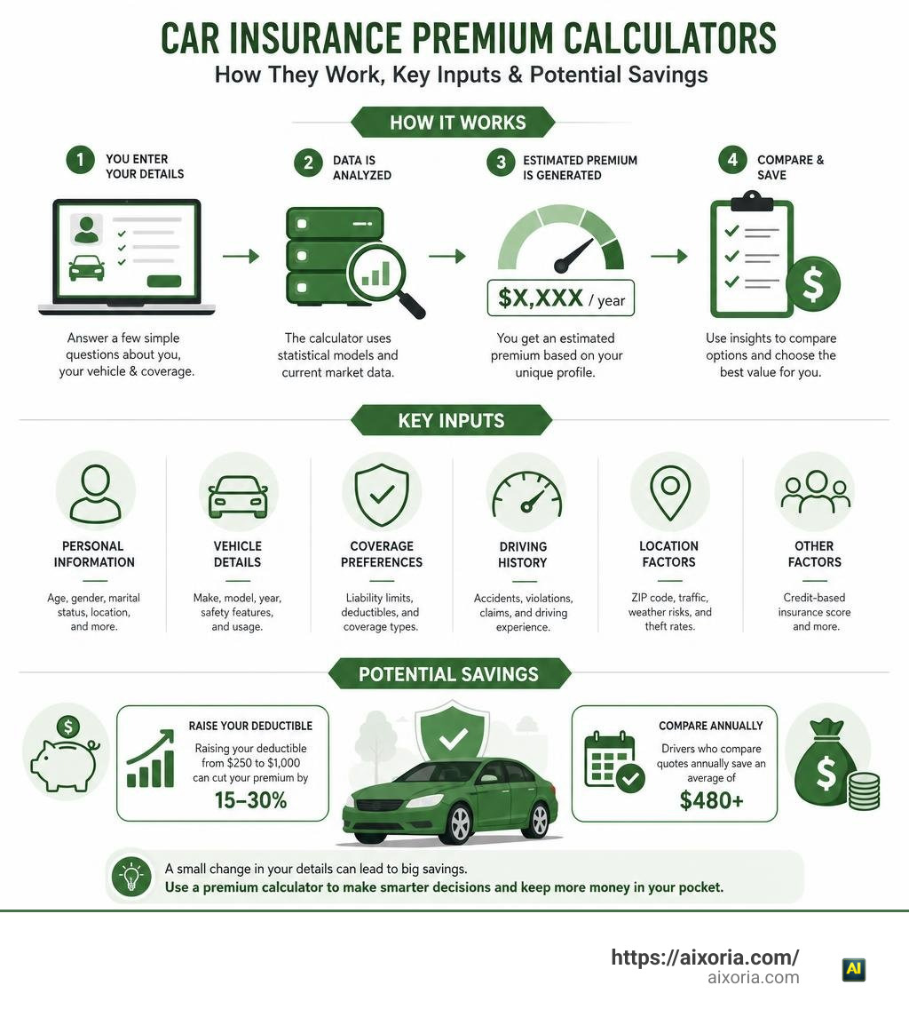 How car insurance premium calculators work, key inputs, and potential savings infographic