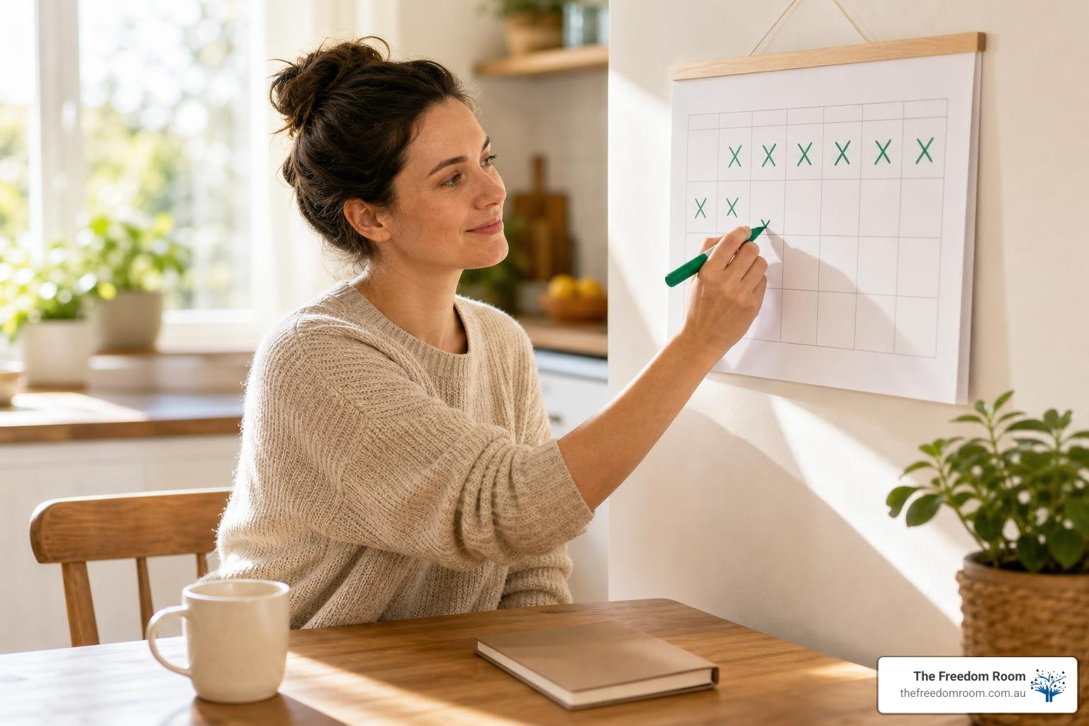 person tracking their alcohol-free days on a calendar with a green marker
