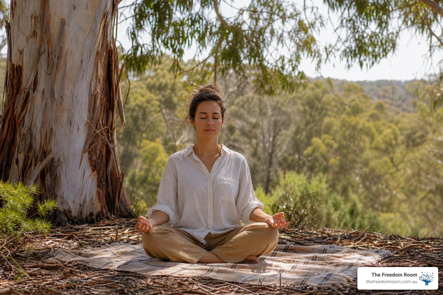 A person practicing mindfulness and emotional regulation in a serene Australian outdoor setting A person practicing mindfulness and emotional regulation in a serene Australian outdoor setting