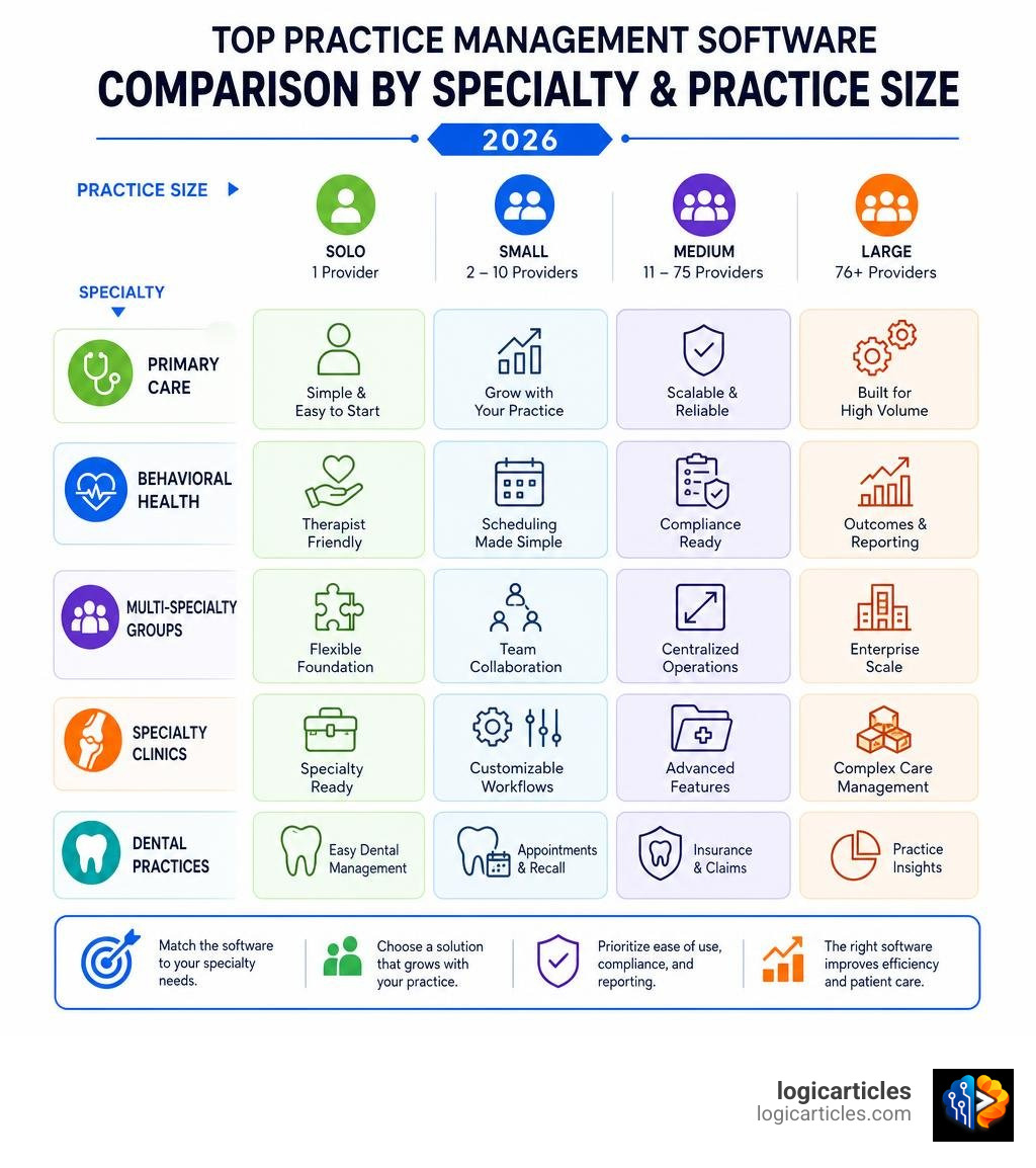 top practice management software comparison by specialty and practice size 2026 infographic