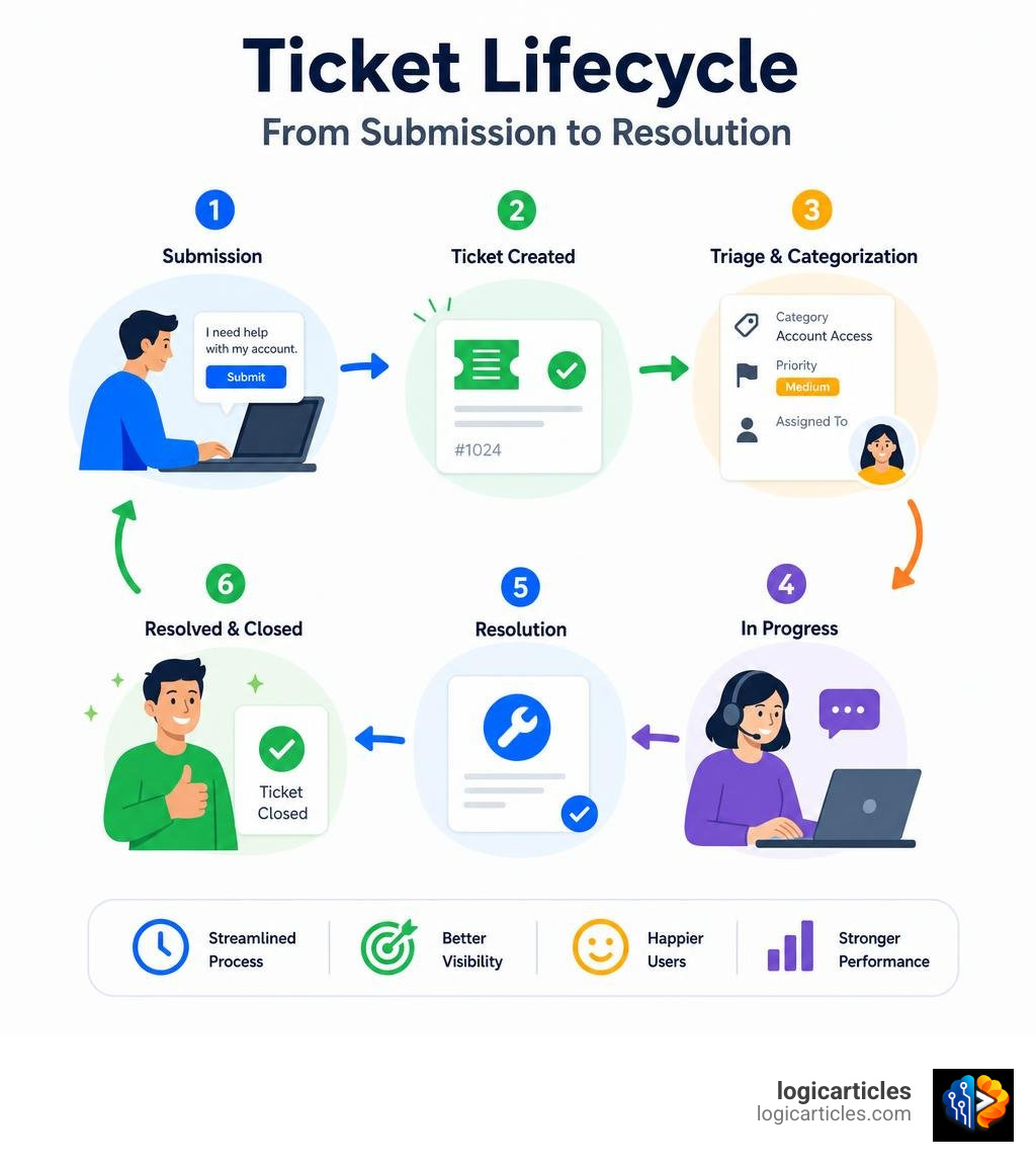 Ticket lifecycle from submission to resolution infographic infographic