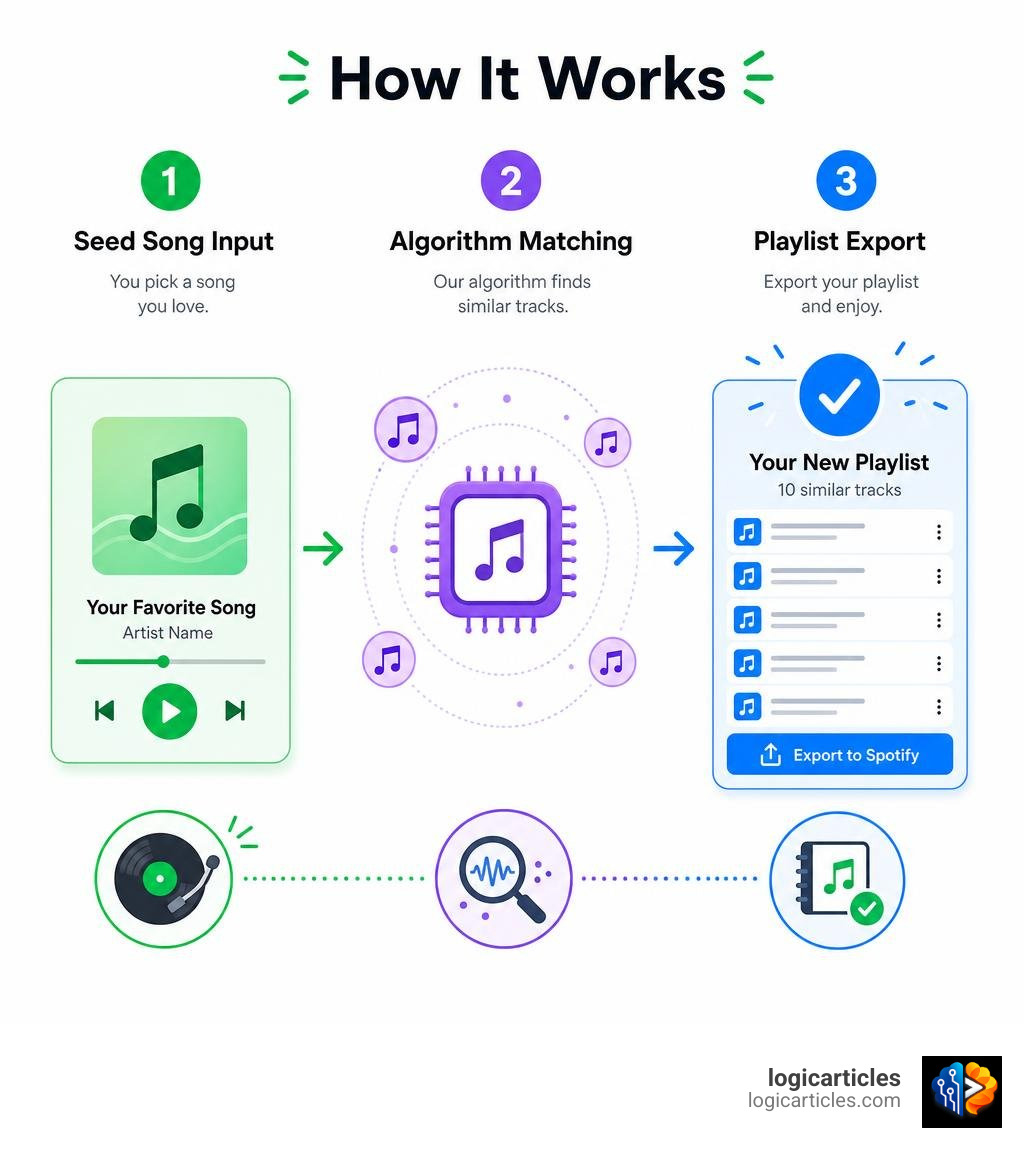 How Spotalike works: seed song input, algorithm matching, playlist export to Spotify infographic