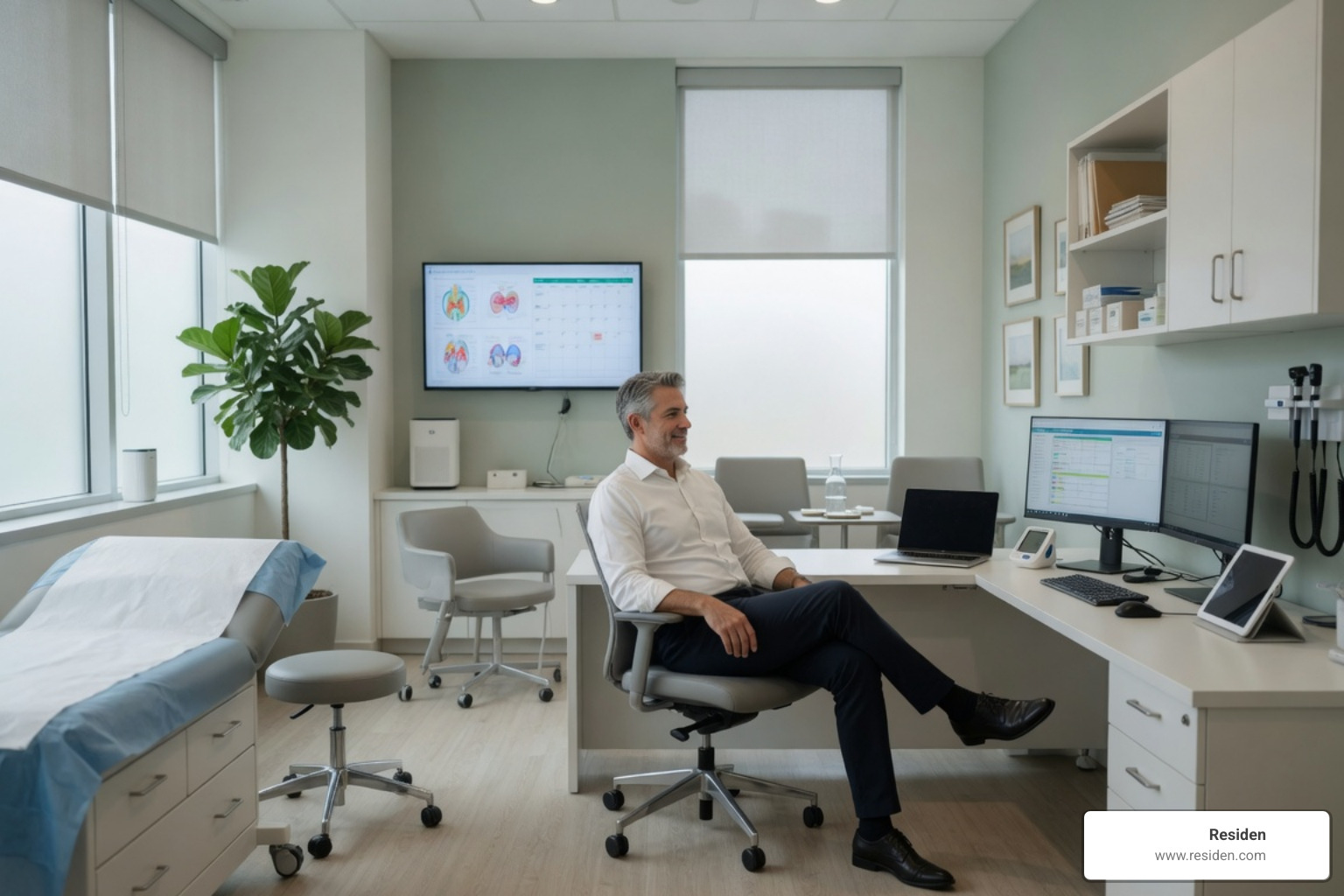 doctor relaxing in modern clinical office, practice freedom, operational independence doctor relaxing in modern clinical office, practice freedom, operational independence