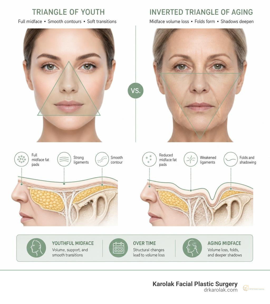 Triangle of Youth vs. inverted triangle of aging — infographic showing midface volume loss and fold formation infographic Triangle of Youth vs. inverted triangle of aging — infographic showing midface volume loss and fold formation infographic