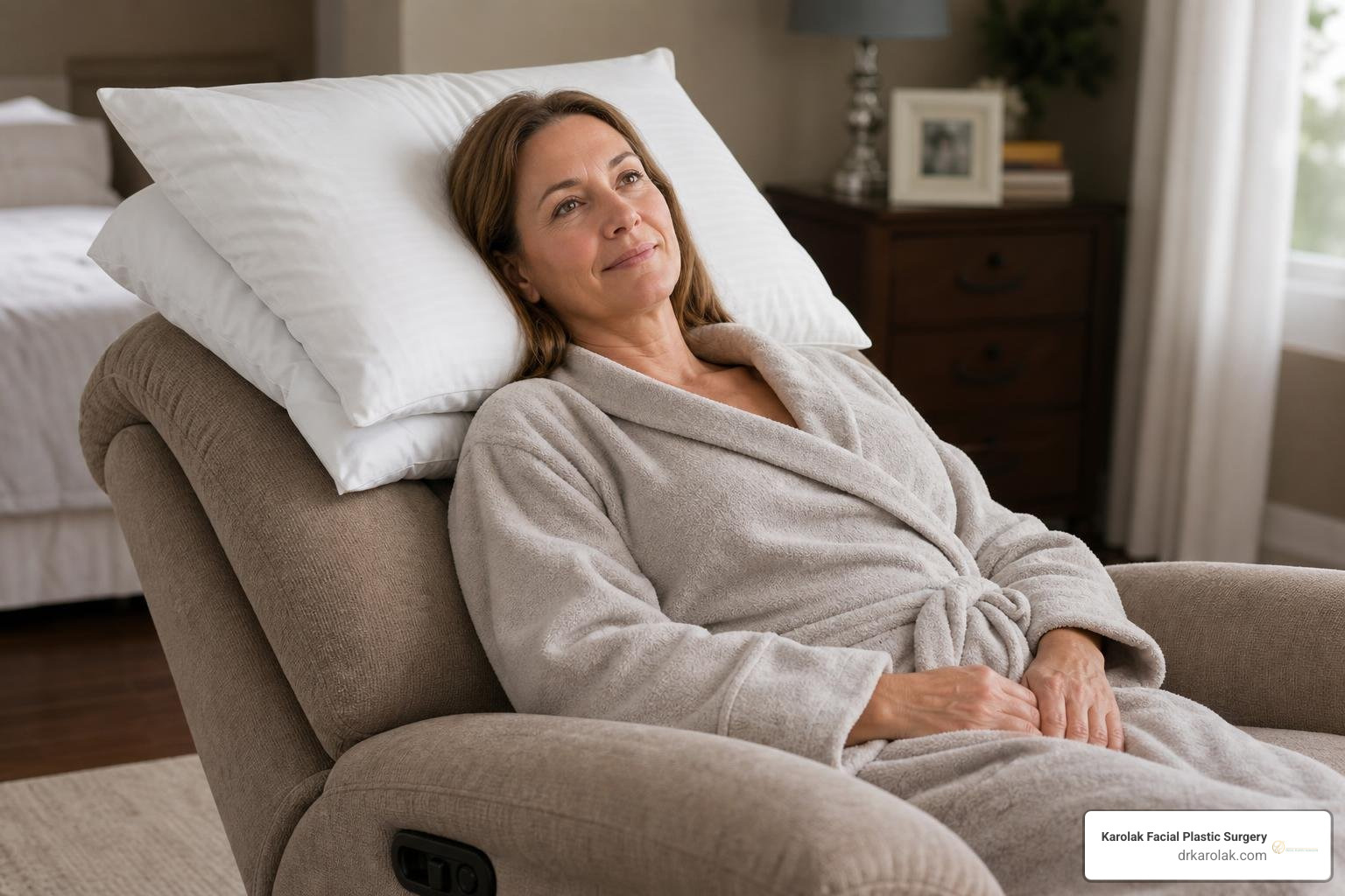 Patient resting comfortably with head elevated on pillows Patient resting comfortably with head elevated on pillows