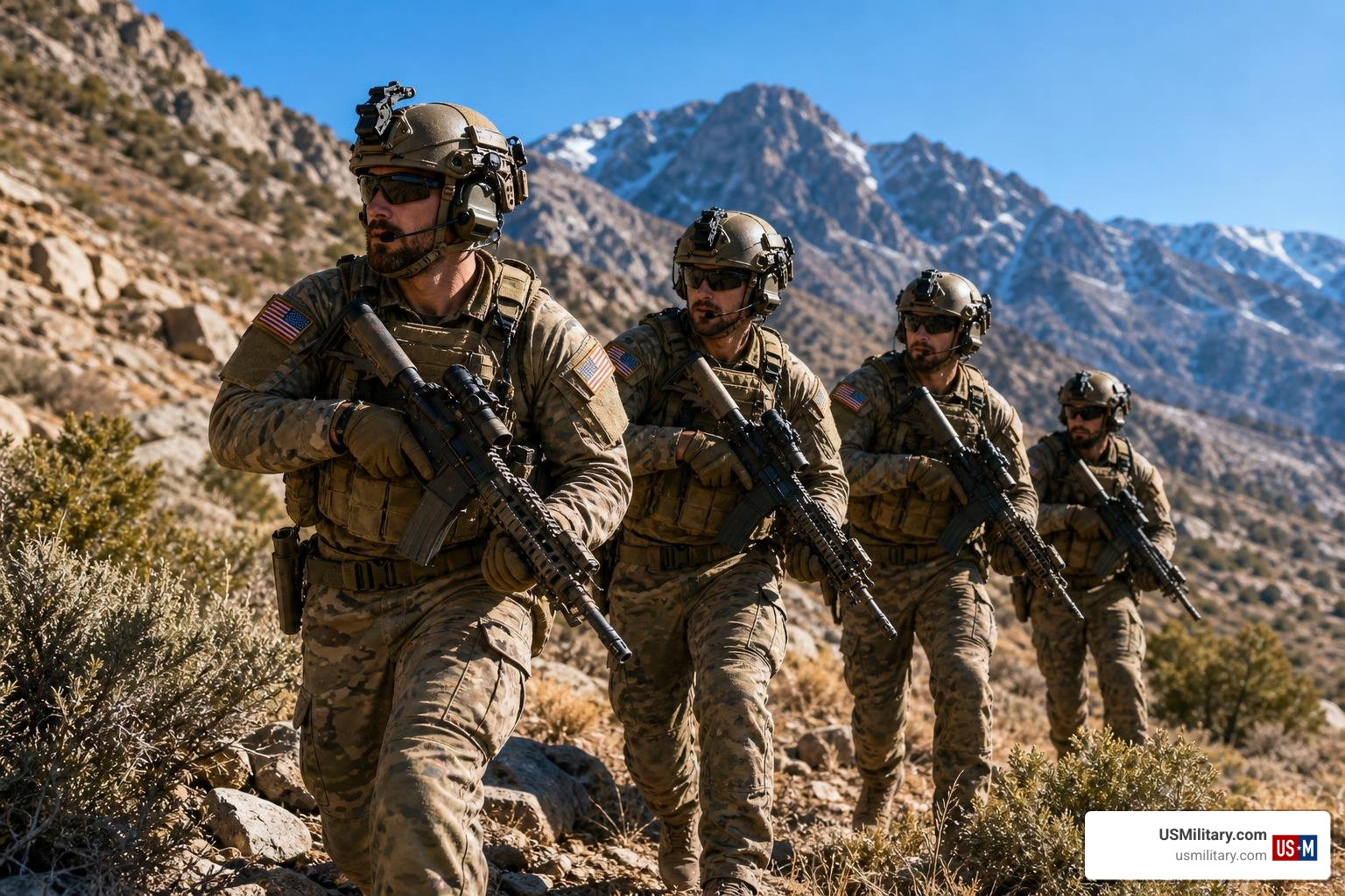 Modern Navy SEAL operators on a training mission in rugged terrain