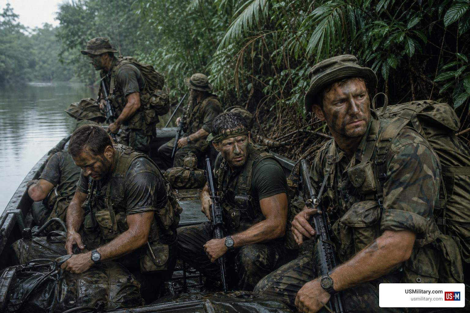 Vietnam-era Navy SEALs preparing for a riverine patrol