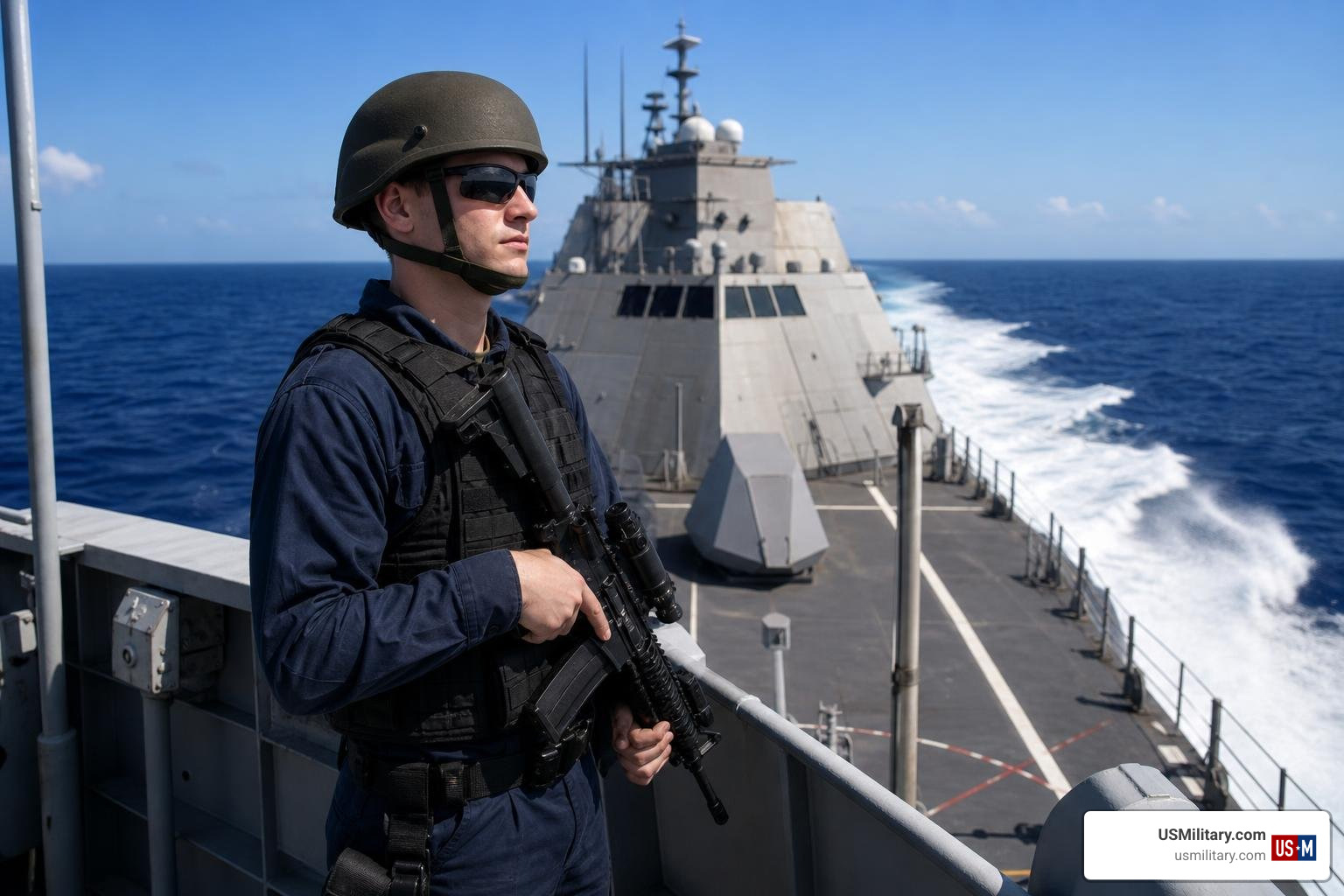 An American sailor standing watch on a high-speed Littoral Combat Ship An American sailor standing watch on a high-speed Littoral Combat Ship