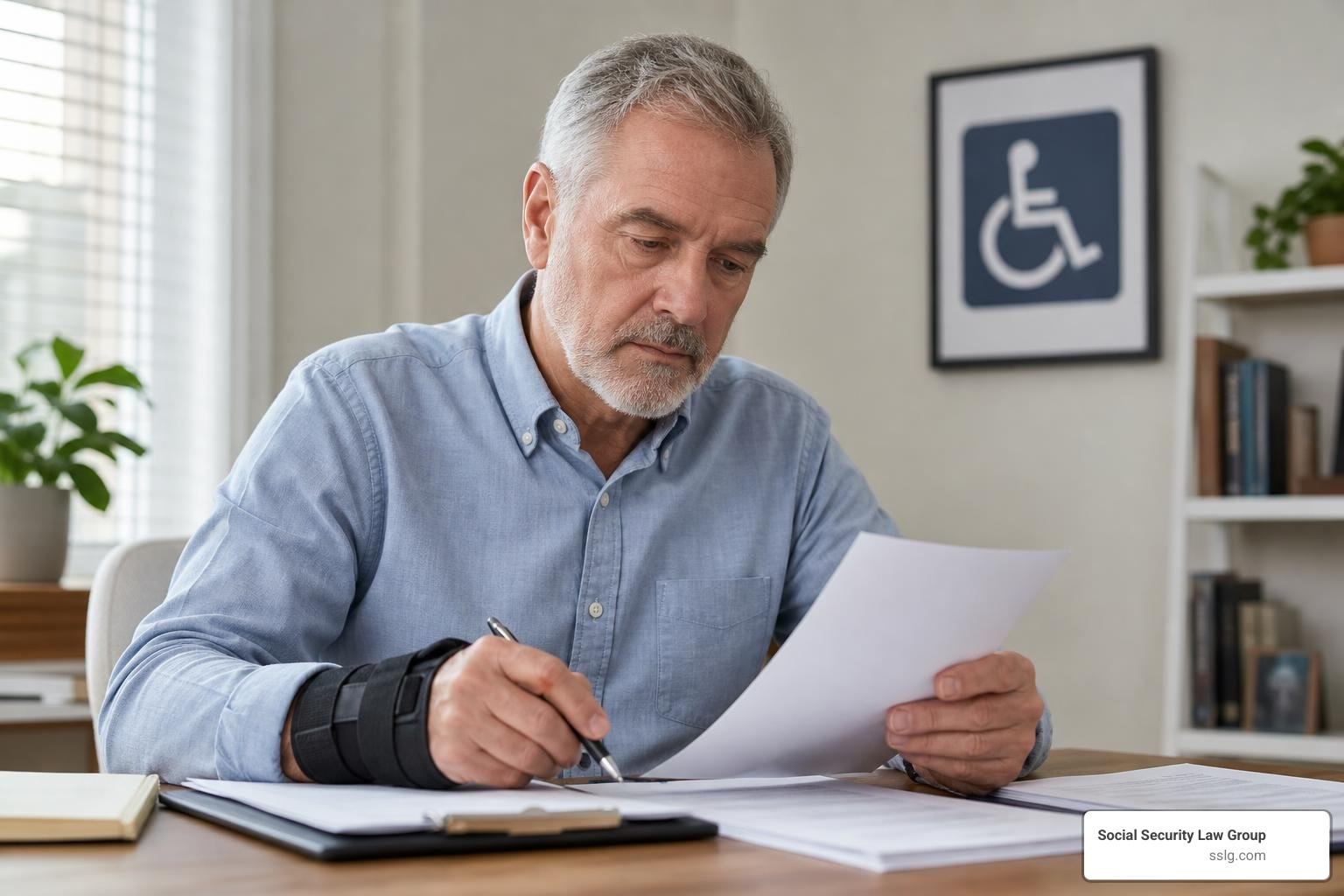 Legal documents representing disability rights and a senior holding a pen with a wrist brace