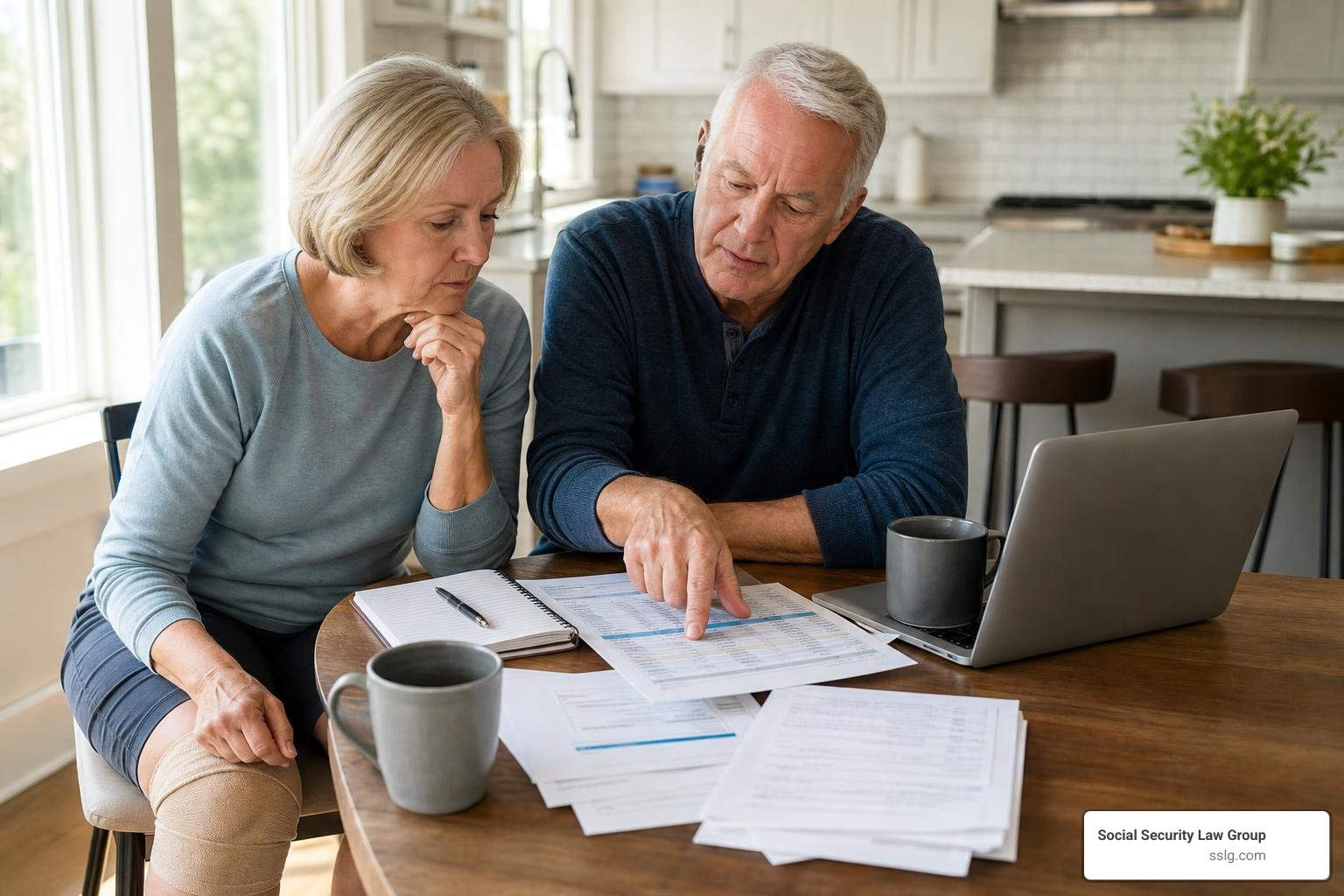An active senior couple about sixty years old with a knee bandage discussing financial planning