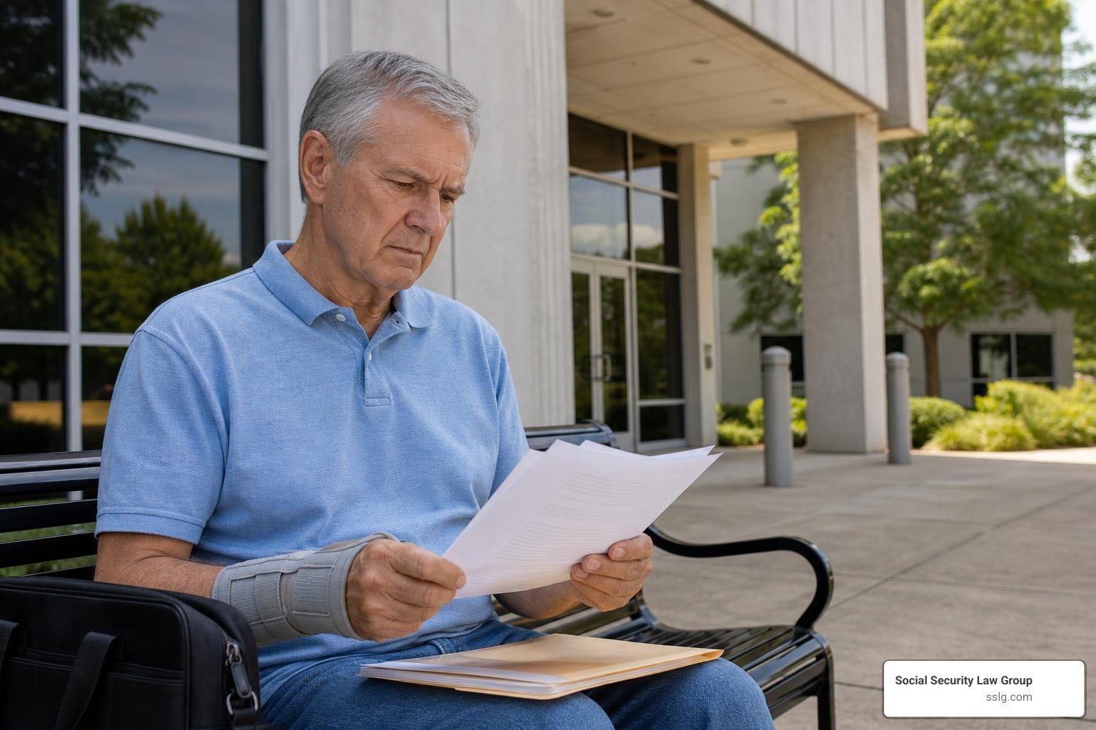 an active sixty year old man wearing a light wrist brace reviewing medical paperwork outside a social security