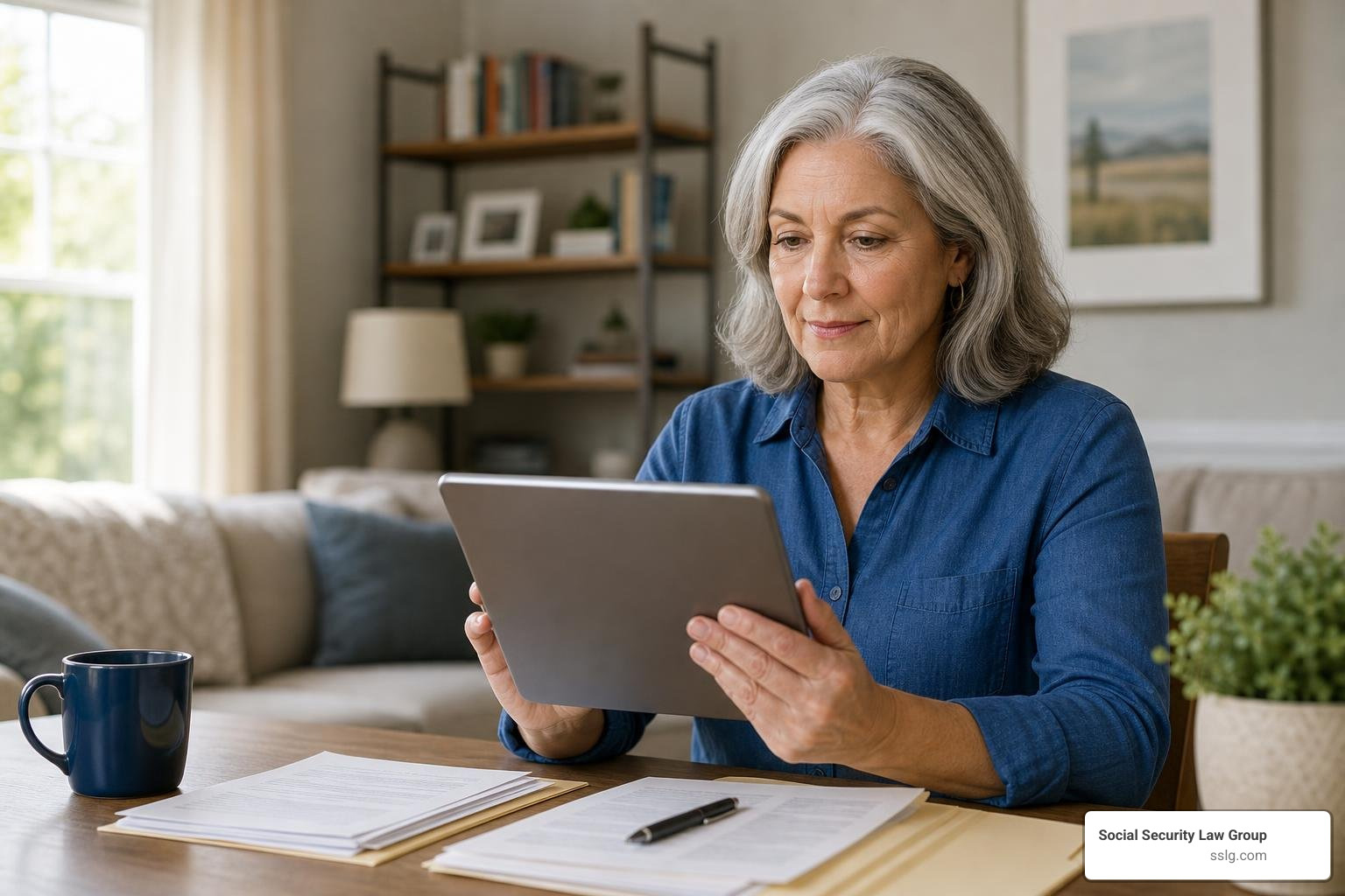an active sixty year old woman reviewing her medical records on a tablet at home