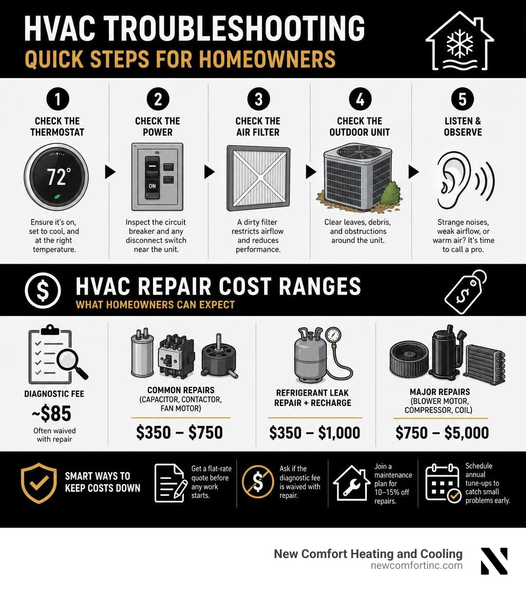 infographic showing quick HVAC troubleshooting steps and repair cost ranges for homeowners infographic