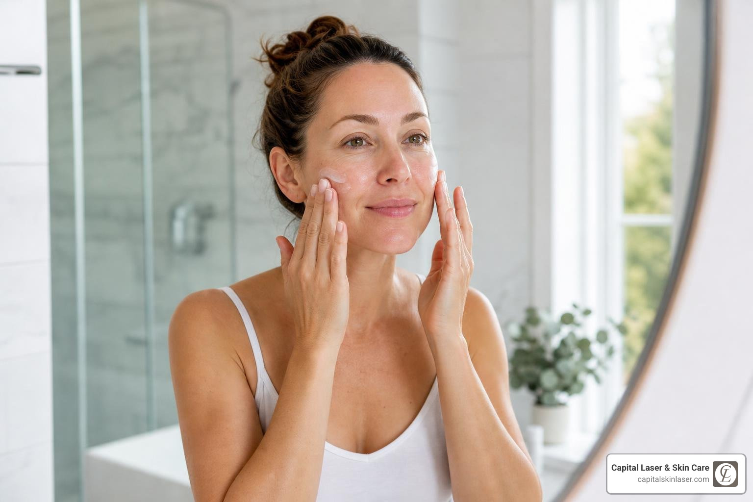 Gentle skincare routine application on sensitive adult skin Gentle skincare routine application on sensitive adult skin