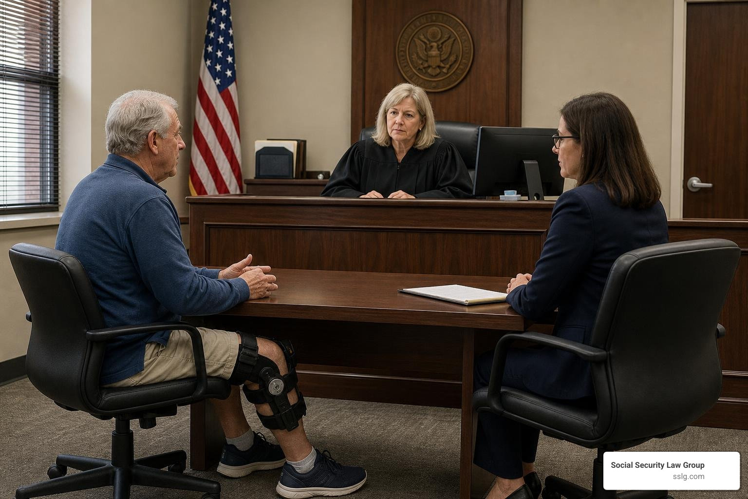 Administrative Law Judge hearing room with a claimant who has a visible leg brace