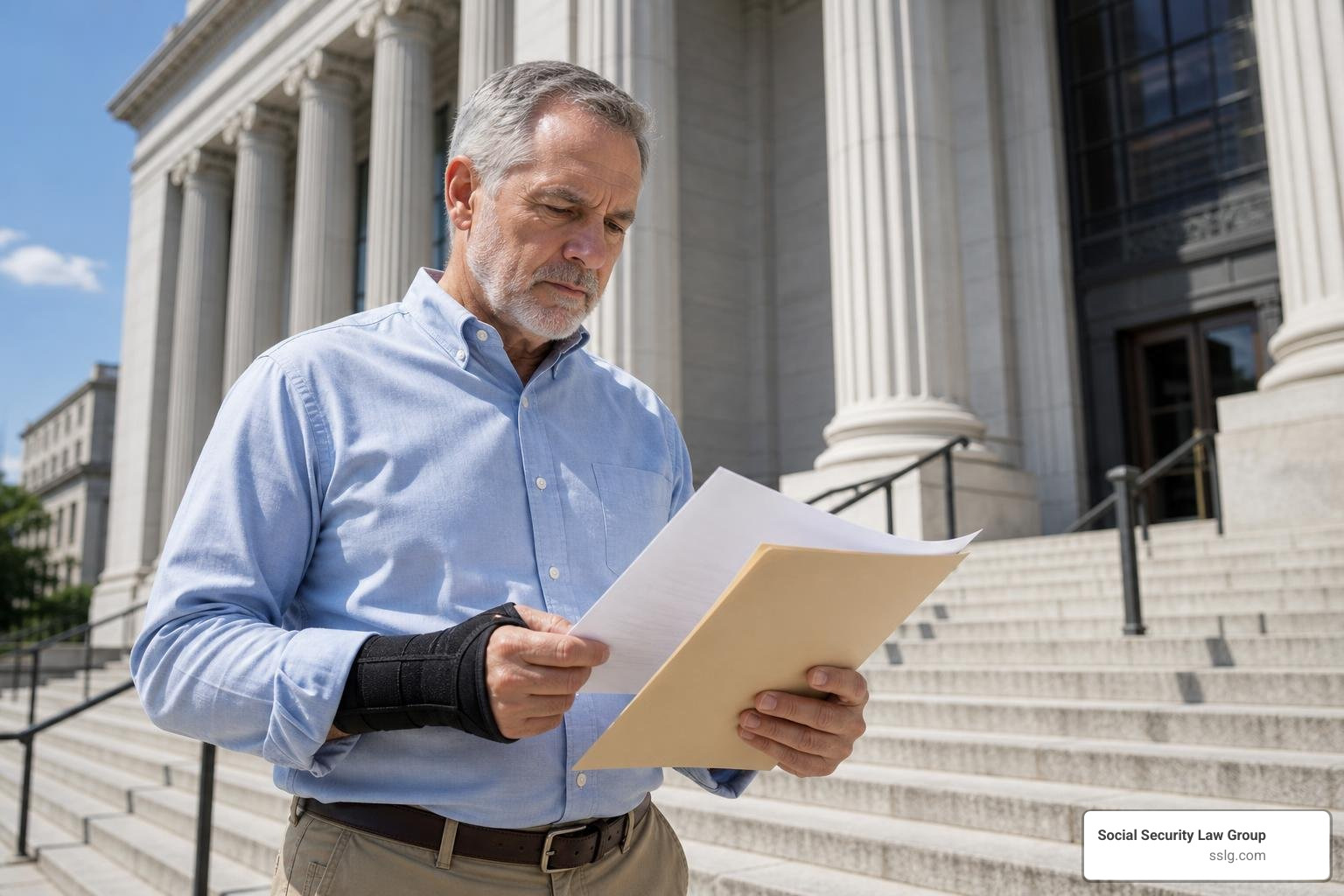 An active 60-year-old claimant with a wrist brace reviewing paperwork outside a federal courthouse